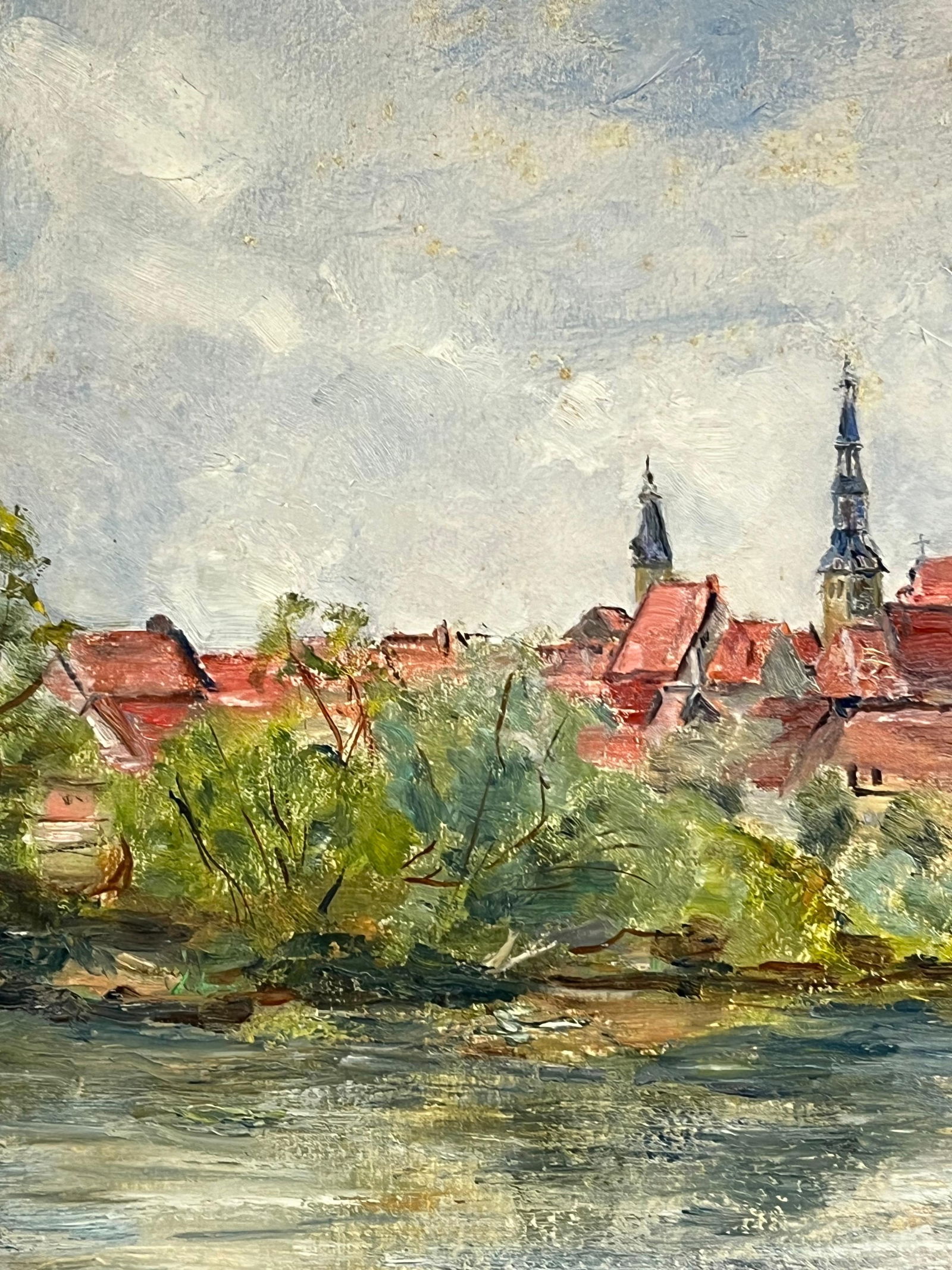 1930's French Impressionist Berck - Plage Town with Church Spires by the River 19th Century - 13