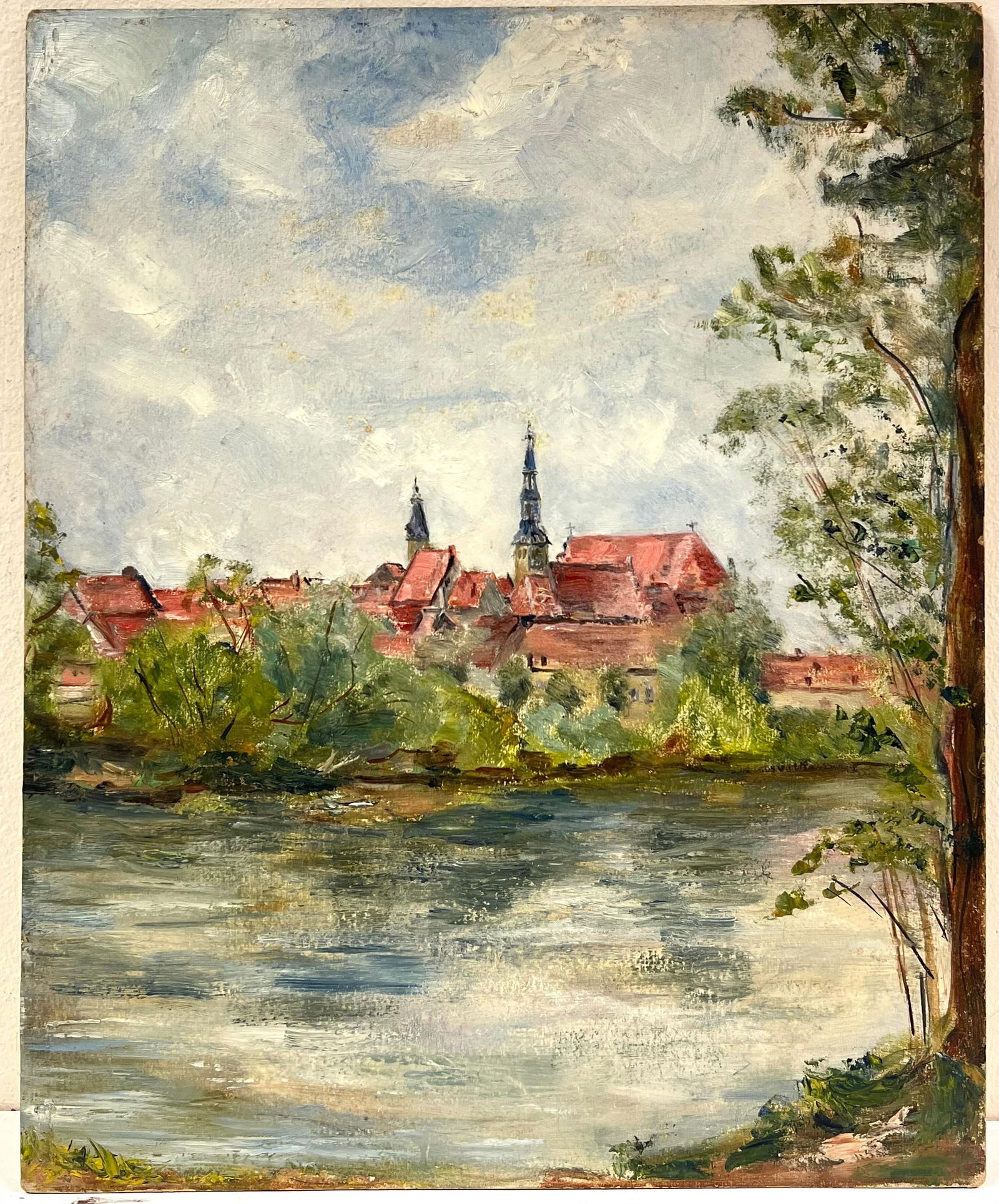 1930's French Impressionist Berck - Plage Town with Church Spires by the River 19th Century - 4