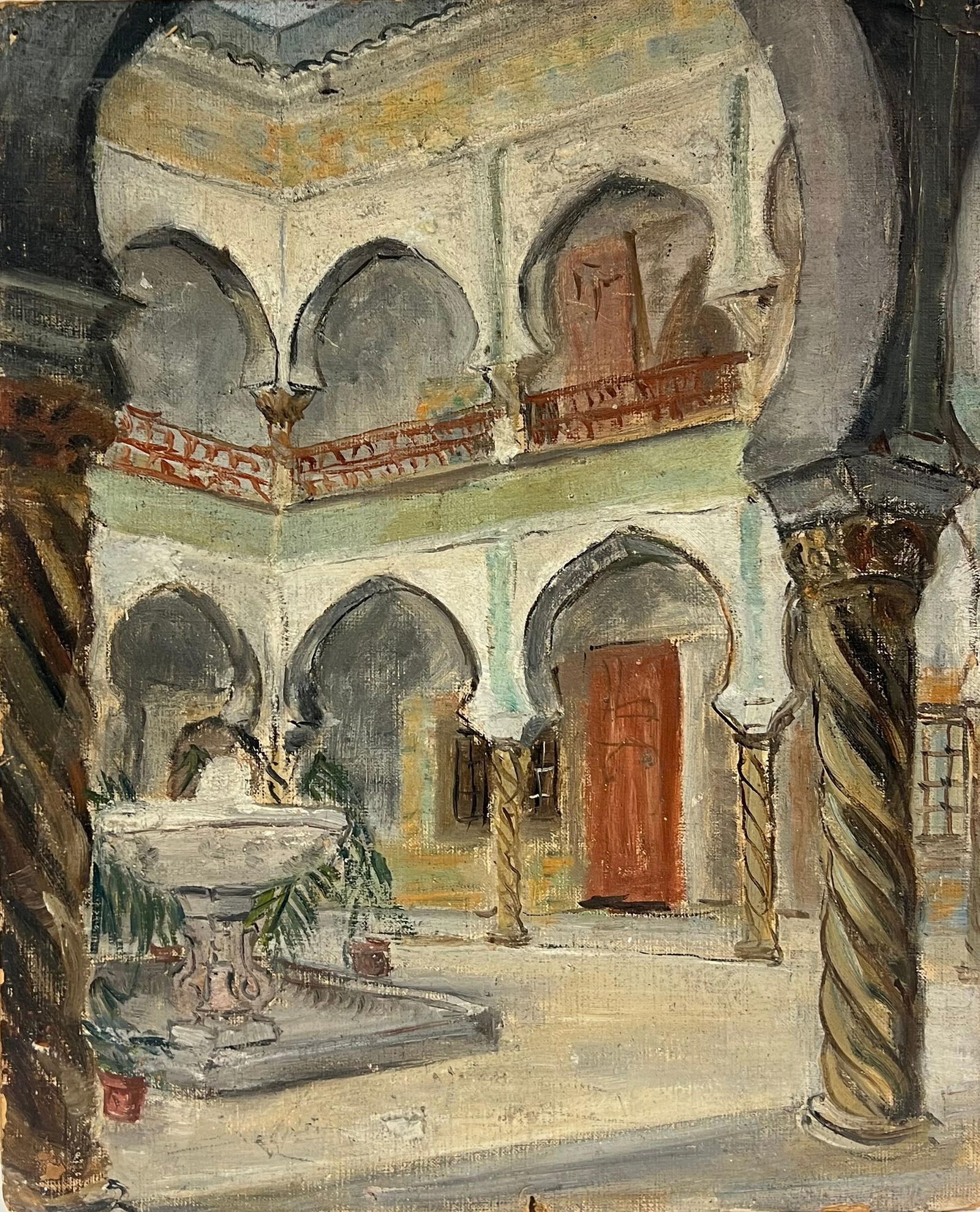 1930's French Impressionist Courtyard with Arched Colonnades and Fountain 19th Century: Title: "1930's French Impressionist Courtyard with Arched Colonnades and Fountain 19th Century" Description: Courtyard with Arched Colonnades and Fountain Simone Forge 1930's French Impressionist oil