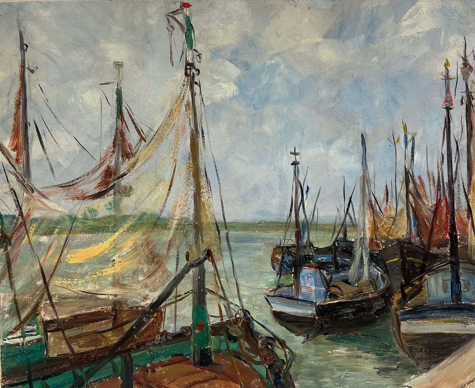 1930's French Impressionist Harbor Scene with Boats and Billowing Sails 19th Century - 9