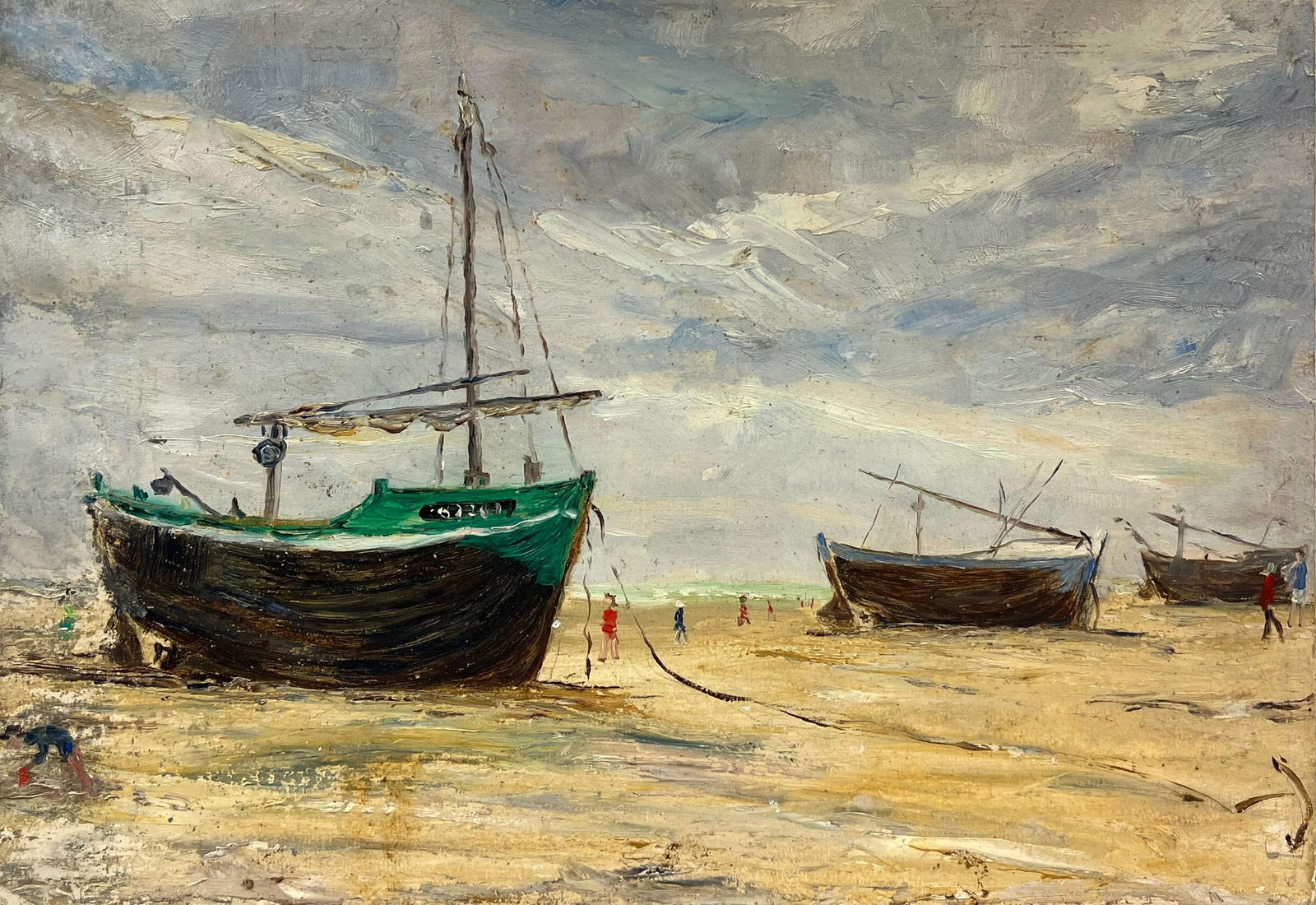 1930's French Impressionist Low Tide with Fishing Boats and Figures on the Shore 19th Century - 9