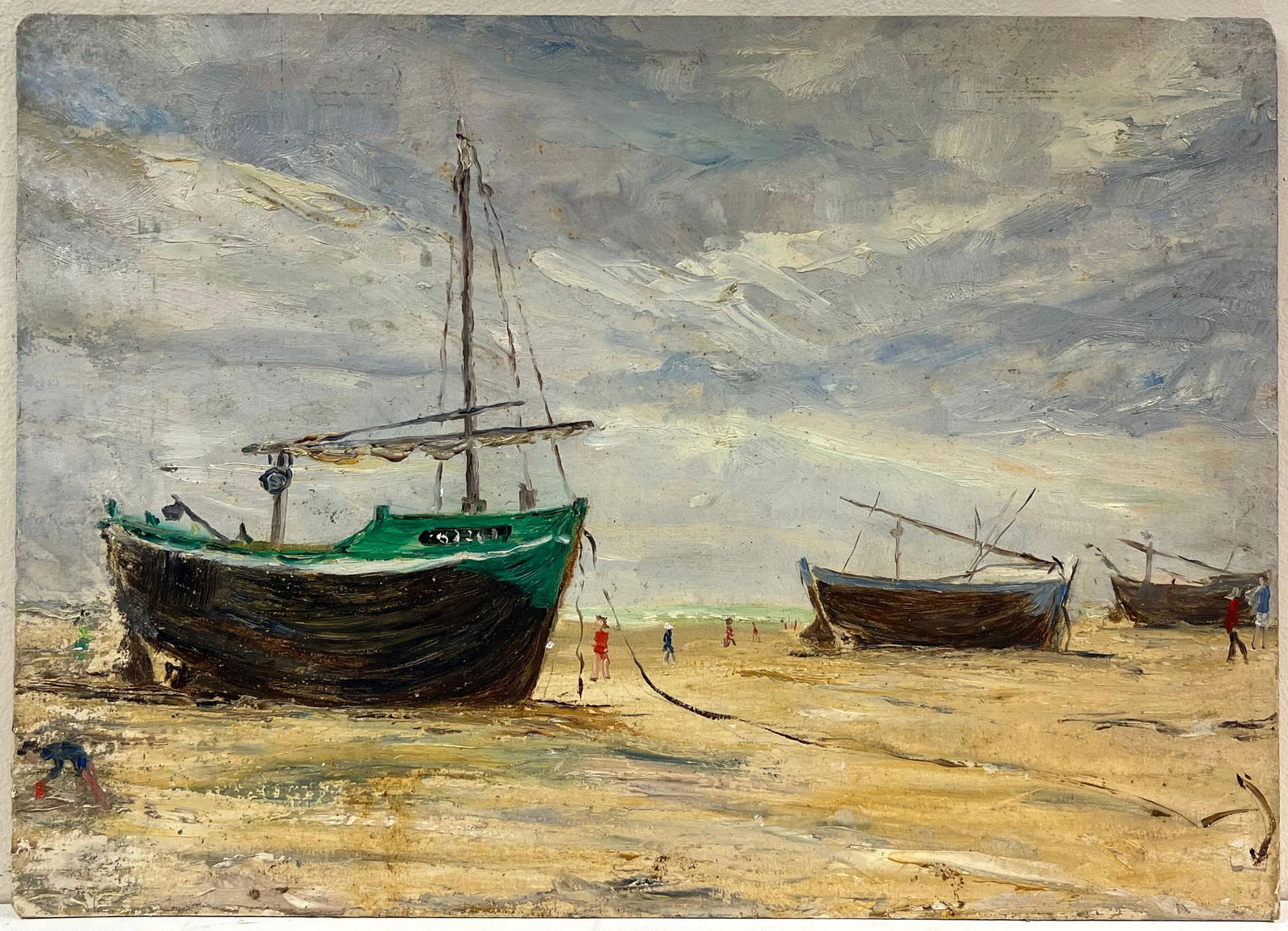 1930's French Impressionist Low Tide with Fishing Boats and Figures on the Shore 19th Century - 10