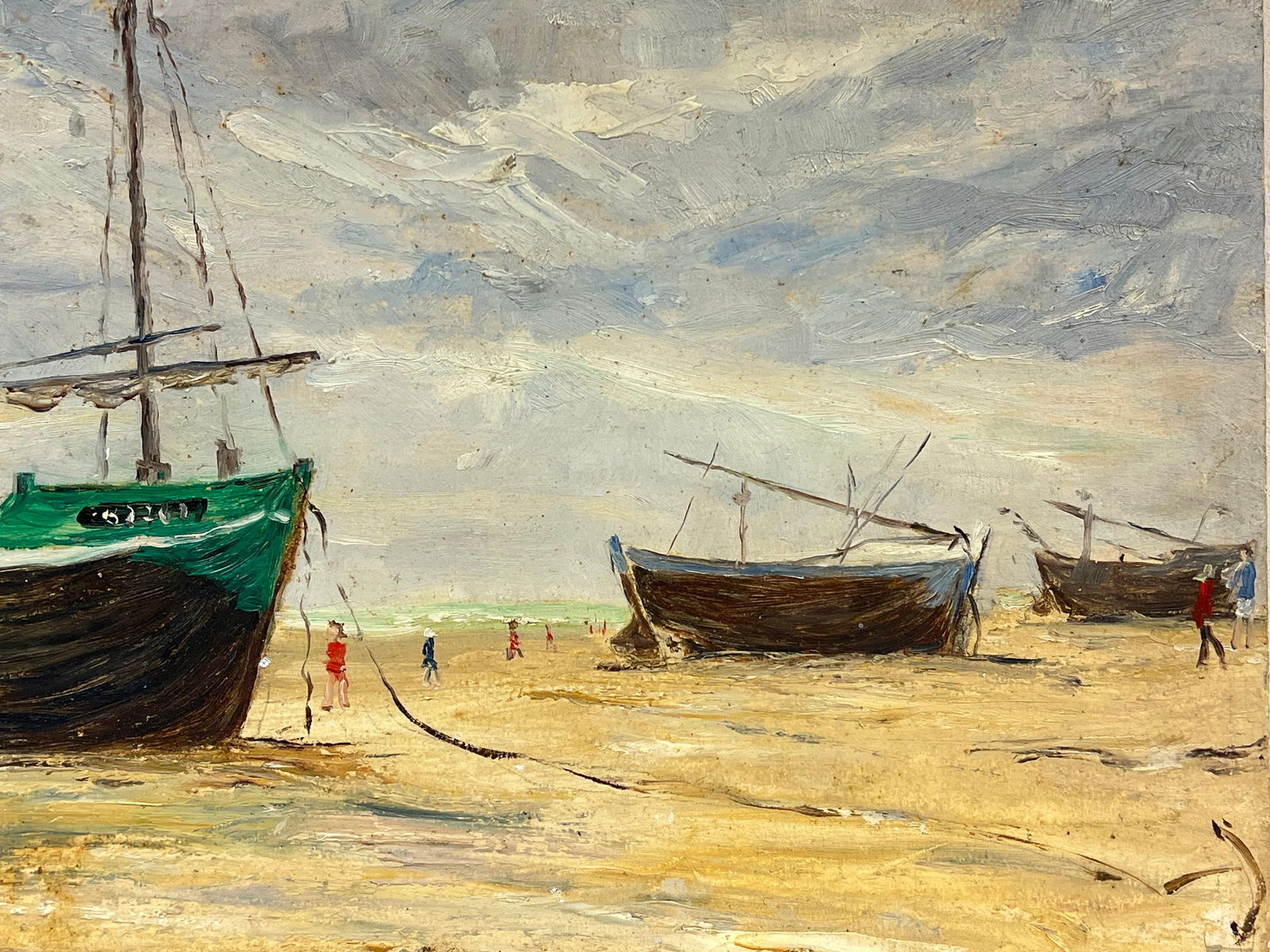 1930's French Impressionist Low Tide with Fishing Boats and Figures on the Shore 19th Century - 11