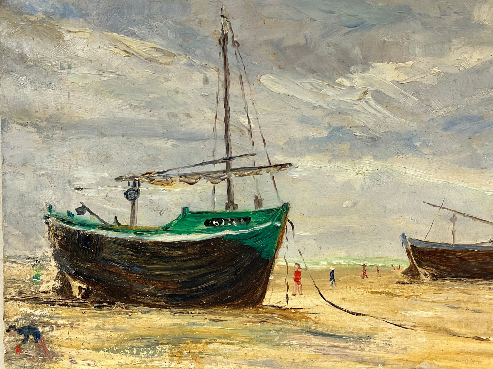 1930's French Impressionist Low Tide with Fishing Boats and Figures on the Shore 19th Century - 12