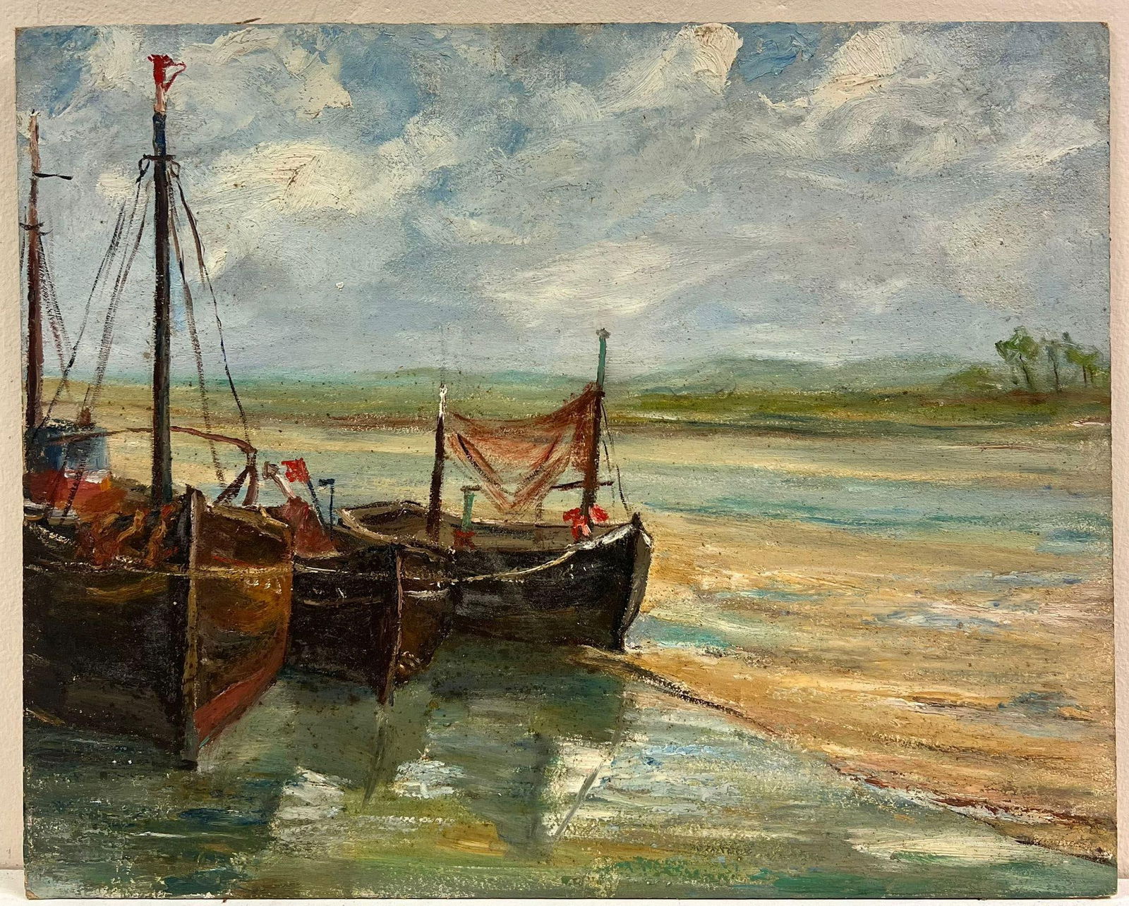 1930's French Impressionist Oil Fishing Boats Beached in Estuary 1930's - 10