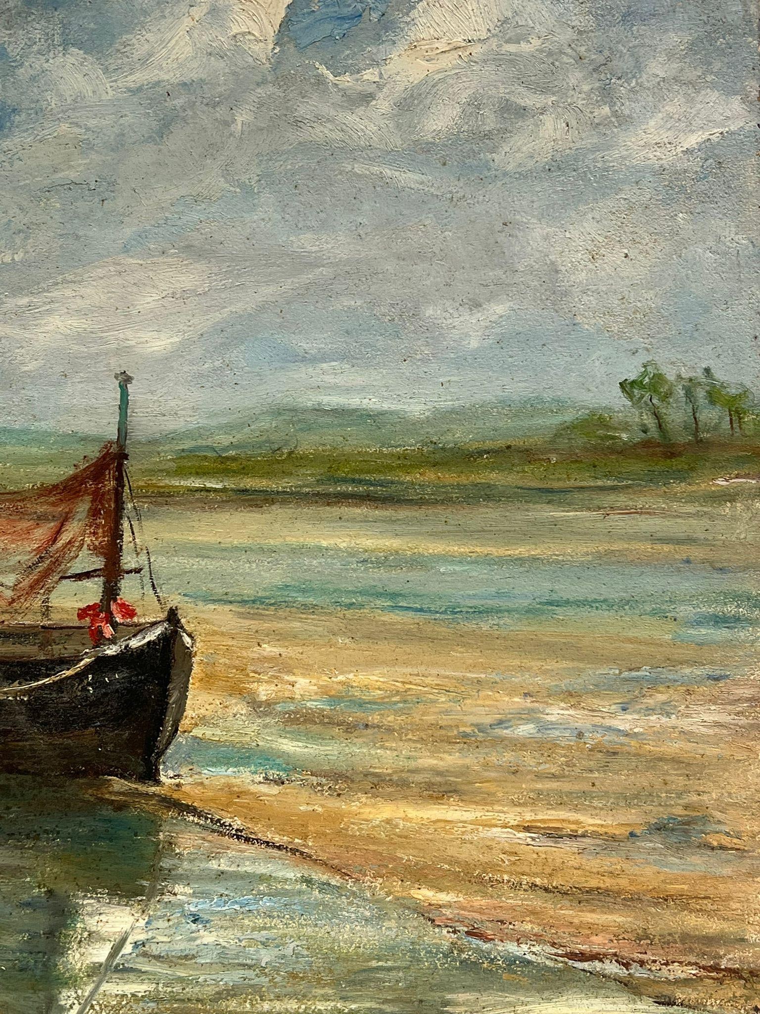 1930's French Impressionist Oil Fishing Boats Beached in Estuary 1930's - 2
