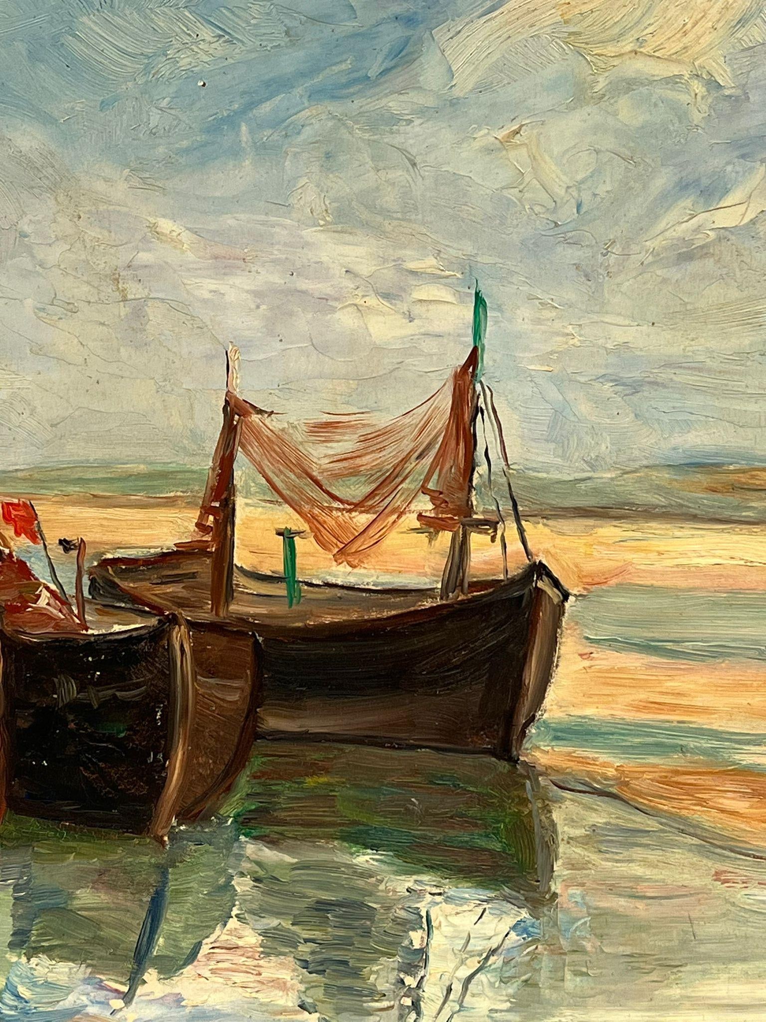 1930's French Impressionist Oil Fishing Boats Drying Nets Beached Estuary 1930s - 8