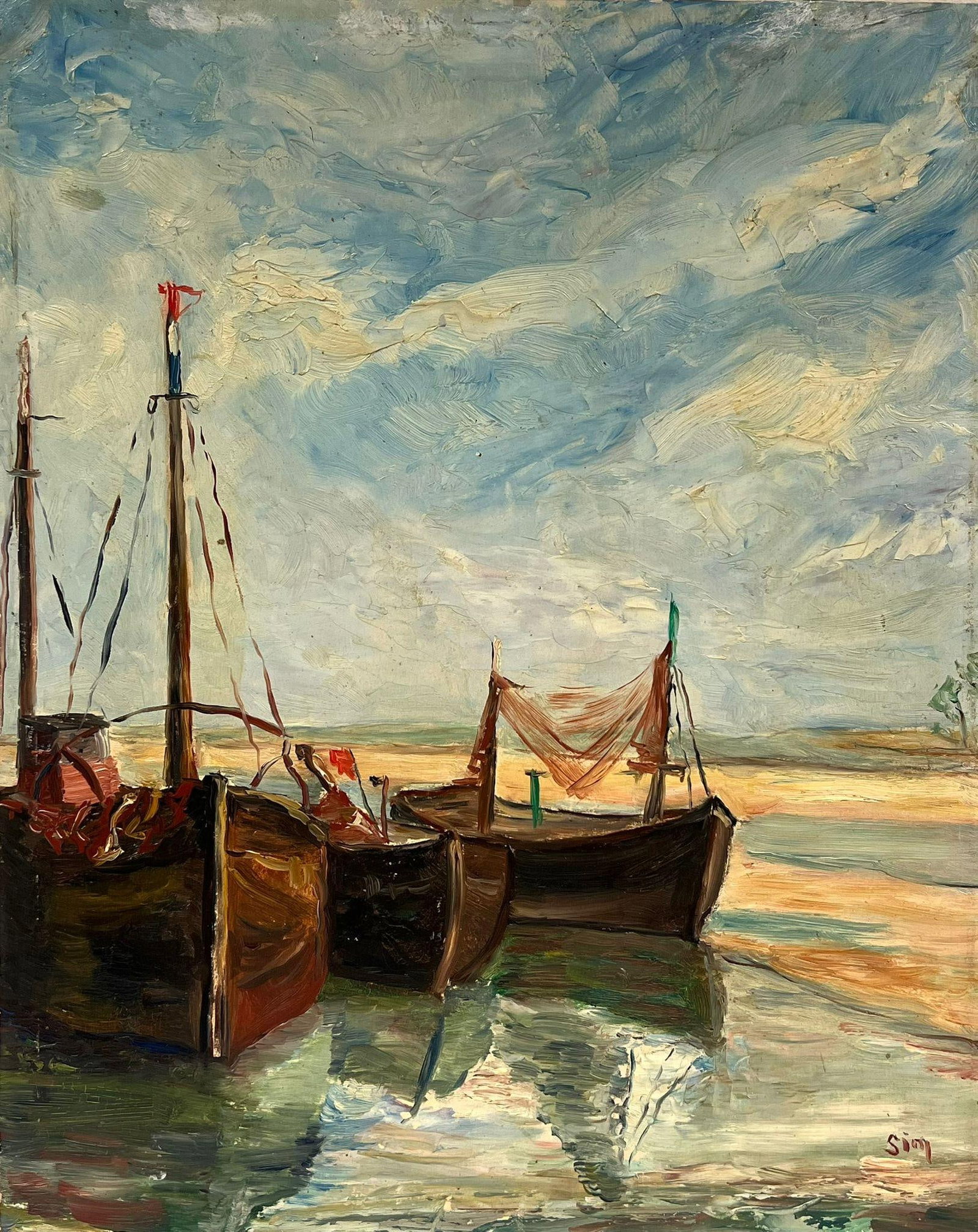 1930's French Impressionist Oil Fishing Boats Drying Nets Beached Estuary 1930s - 10