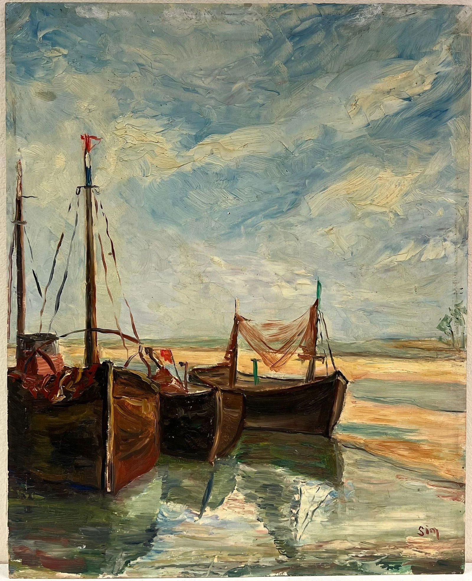 1930's French Impressionist Oil Fishing Boats Drying Nets Beached Estuary 1930s - 4