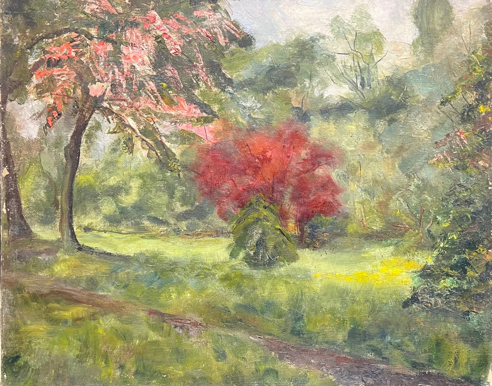 1930's French Impressionist Oil Painting Bright & Colorful Ornamental Trees 1930's: Title: "1930's French Impressionist Oil Painting Bright & Colorful Ornamental Trees 1930's" Description: Simone Forge 1930's French Impressionist oil on canvas laid on board unframed board: 15 x 18 in