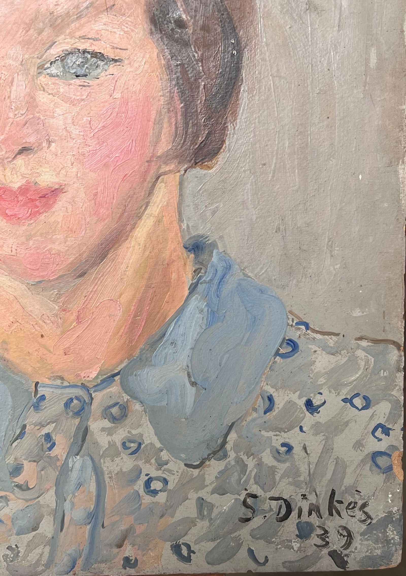 1930's French Impressionist Oil Portrait of Young Lady Pretty Blue Blouse 1930's - 7