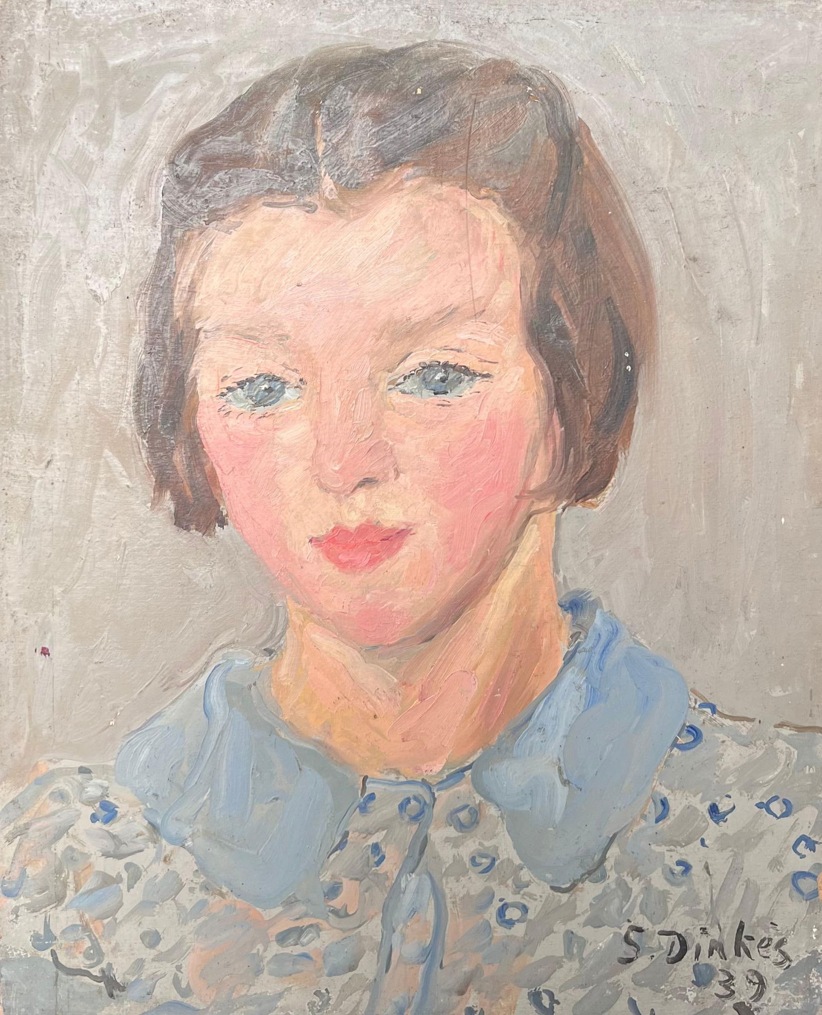 1930's French Impressionist Oil Portrait of Young Lady Pretty Blue Blouse 1930's - 10