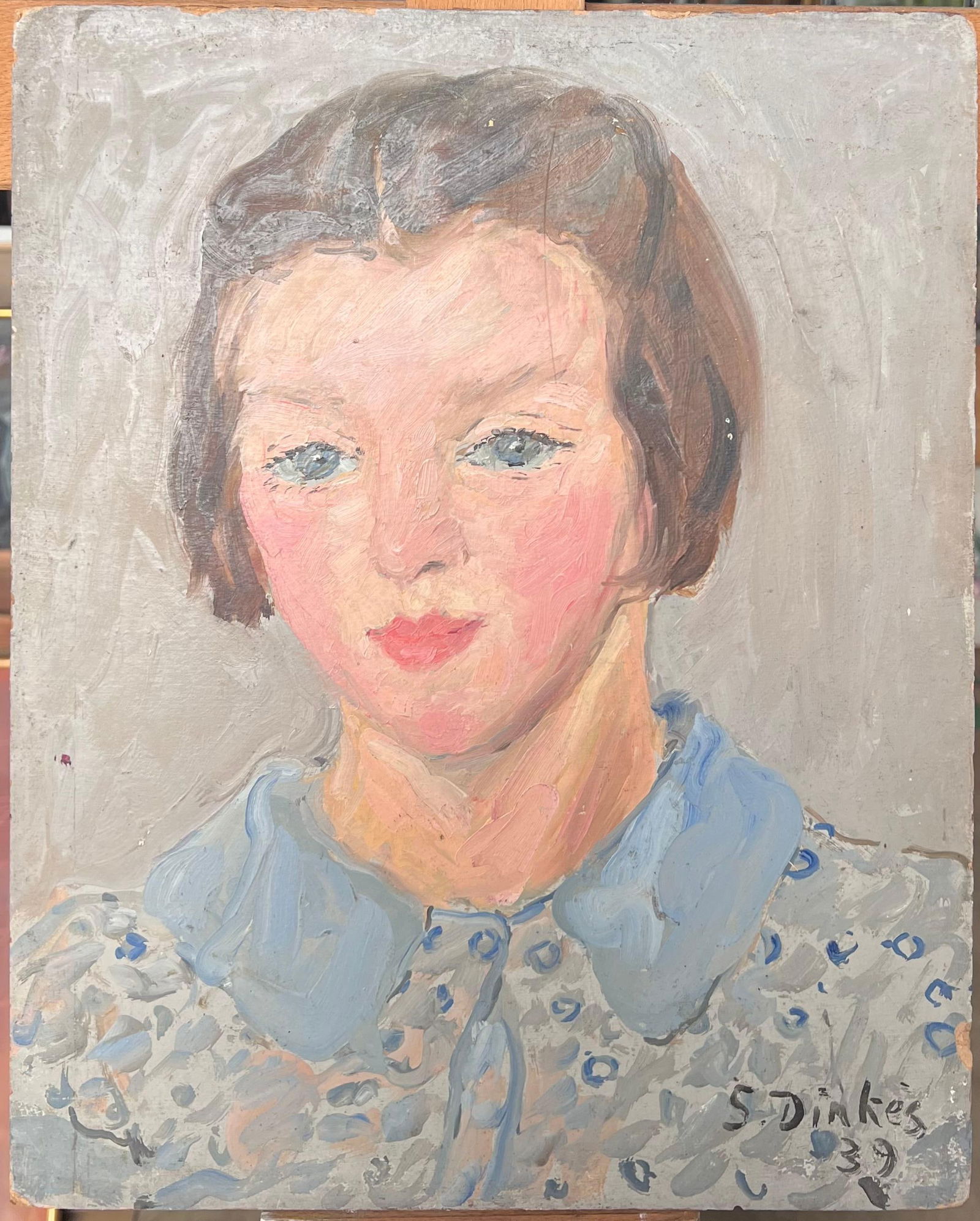 1930's French Impressionist Oil Portrait of Young Lady Pretty Blue Blouse 1930's - 4