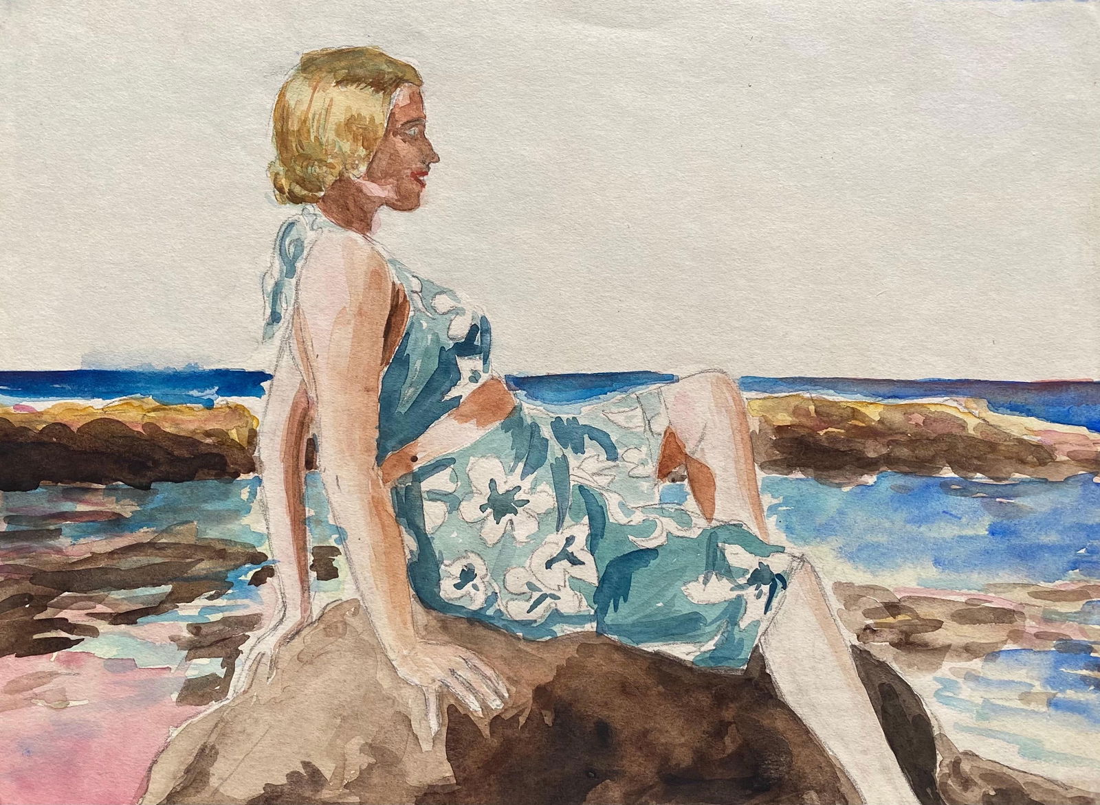 1930's French Impressionist Painting, Young Girl in Blue Dress Rocky Coast Sea circa 1930s - 16