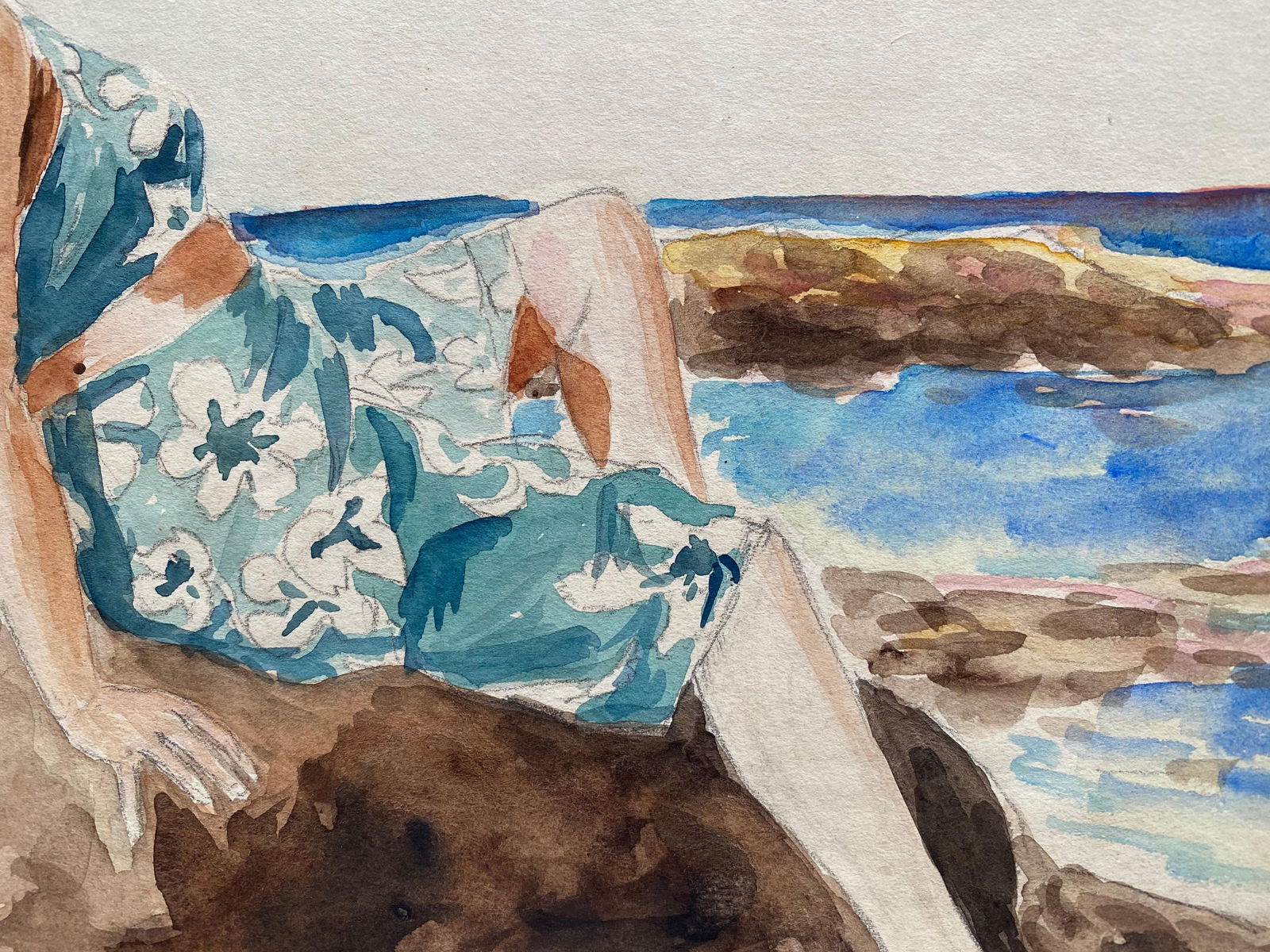 1930's French Impressionist Painting, Young Girl in Blue Dress Rocky Coast Sea circa 1930s - 19