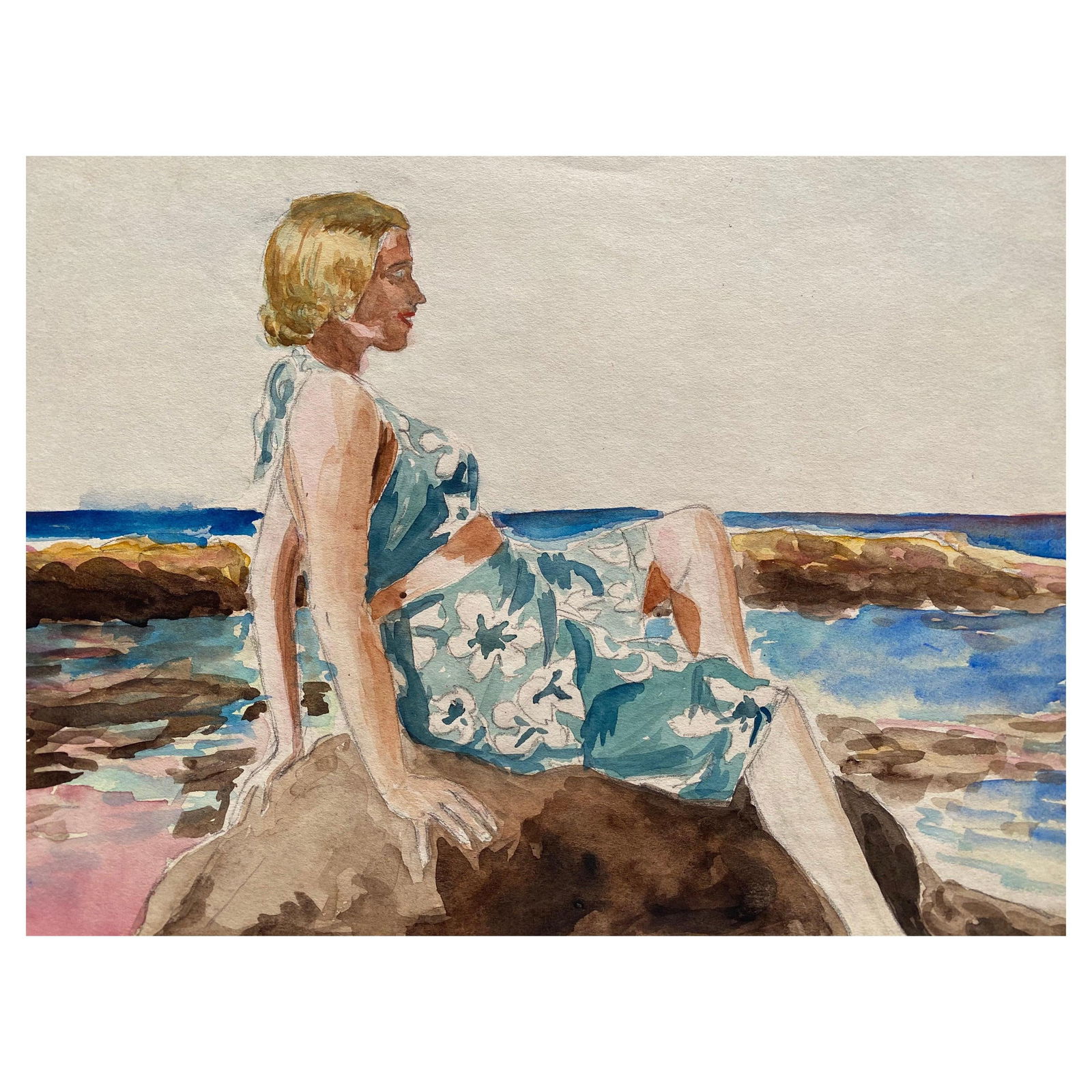 1930's French Impressionist Painting, Young Girl in Blue Dress Rocky Coast Sea circa 1930s: Title: "1930's French Impressionist Painting, Young Girl in Blue Dress Rocky Coast Sea circa 1930s" Description: Artist/ School: French School, early 20th century Title: Sur la Plage Medium: watercolo