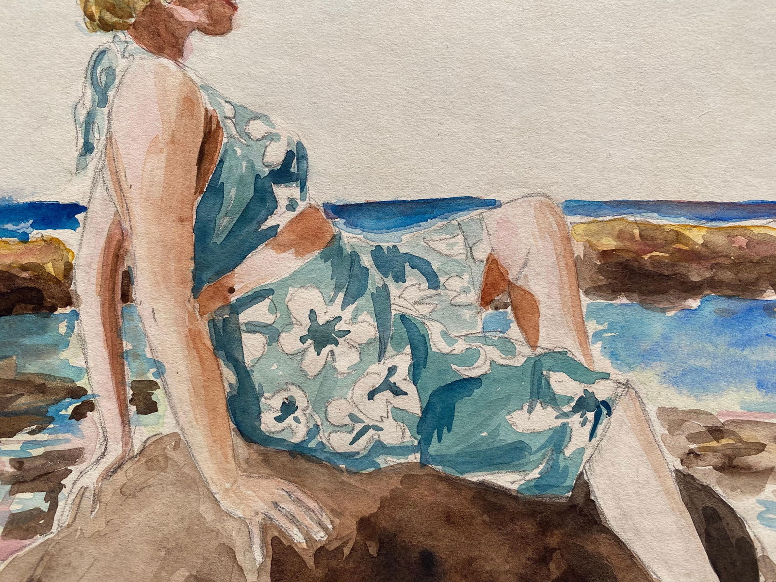 1930's French Impressionist Painting, Young Girl in Blue Dress Rocky Coast Sea circa 1930s - 2