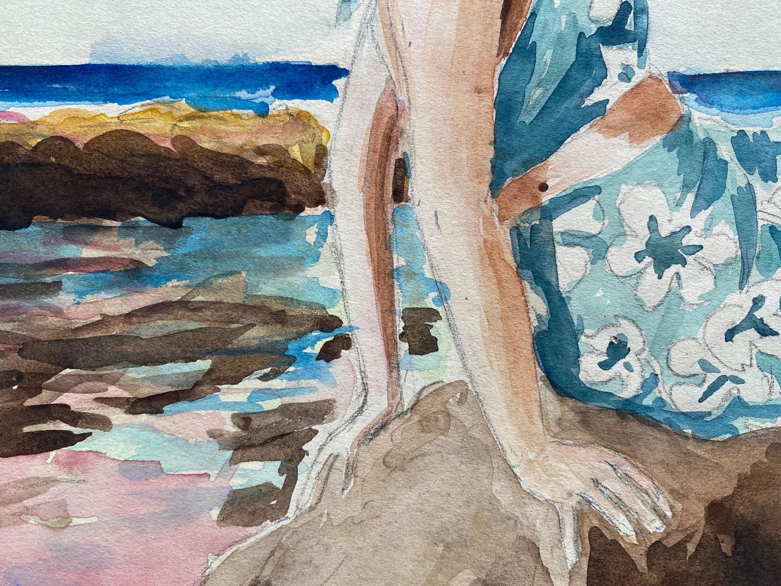 1930's French Impressionist Painting, Young Girl in Blue Dress Rocky Coast Sea circa 1930s - 4