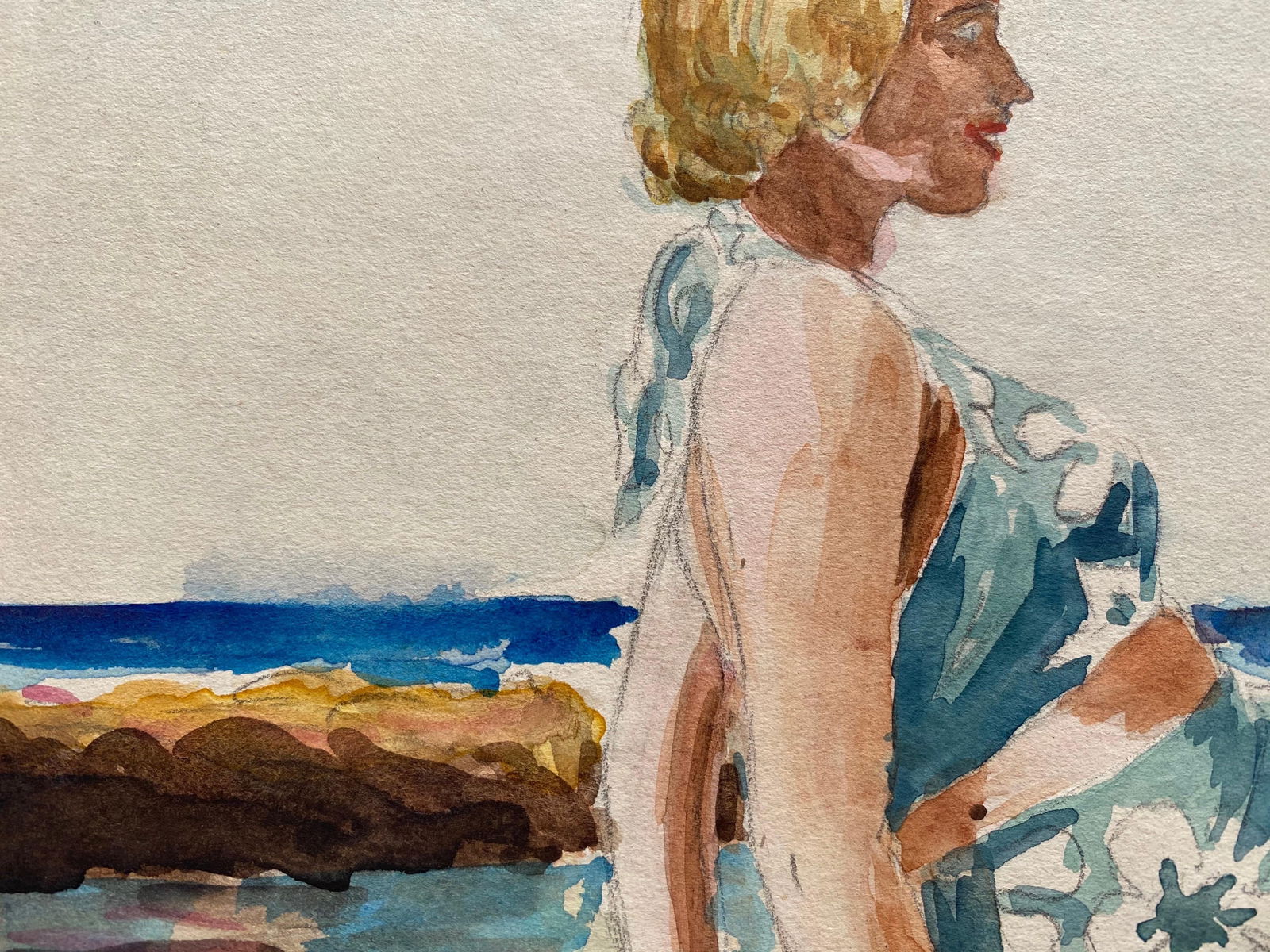 1930's French Impressionist Painting, Young Girl in Blue Dress Rocky Coast Sea circa 1930s - 6