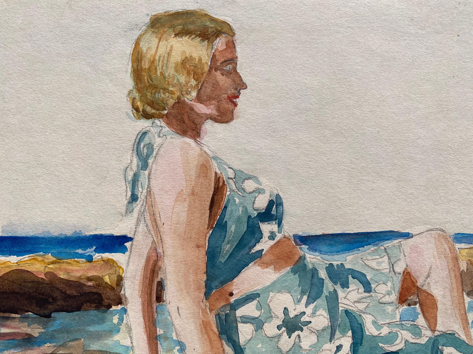 1930's French Impressionist Painting, Young Girl in Blue Dress Rocky Coast Sea circa 1930s - 9