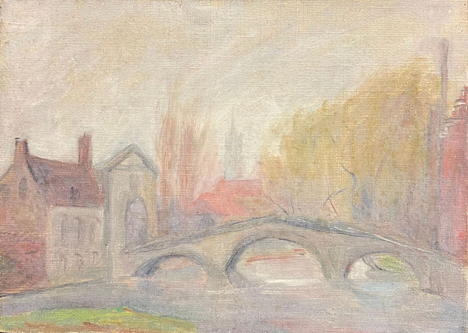 1930's French Impressionist Rendered Bridge Scene with Hazy Autumn Trees 19th Century: Title: "1930's French Impressionist Rendered Bridge Scene with Hazy Autumn Trees 19th Century" Description: Rendered Bridge Scene Simone Forge 1930's French Impressionist oil on canvas unframed