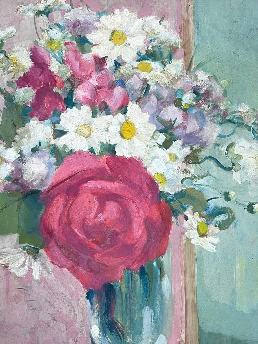 1930's French Impressionist Signed Oil Painting Roses & Daisies in Glass Vase 1940's - 7