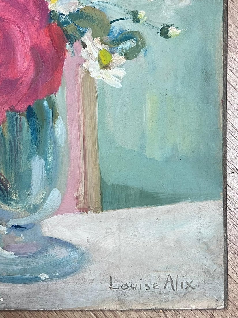 1930's French Impressionist Signed Oil Painting Roses & Daisies in Glass Vase 1940's - 13