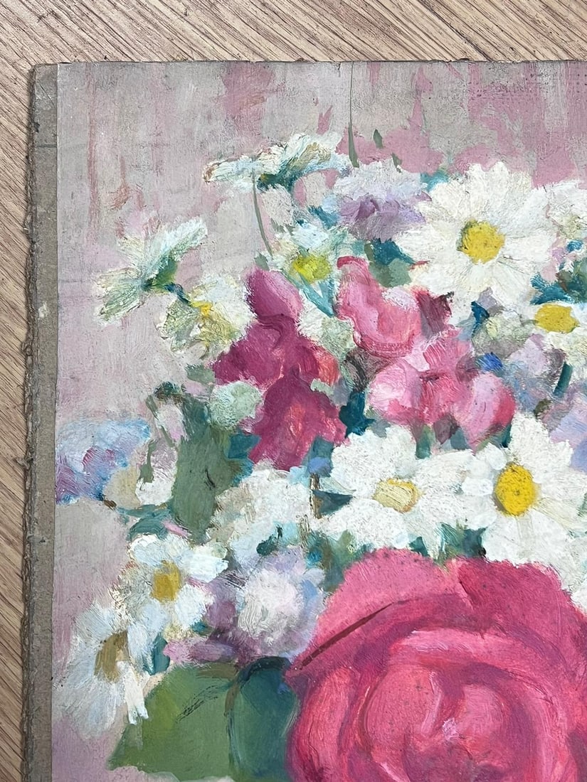 1930's French Impressionist Signed Oil Painting Roses & Daisies in Glass Vase 1940's - 5