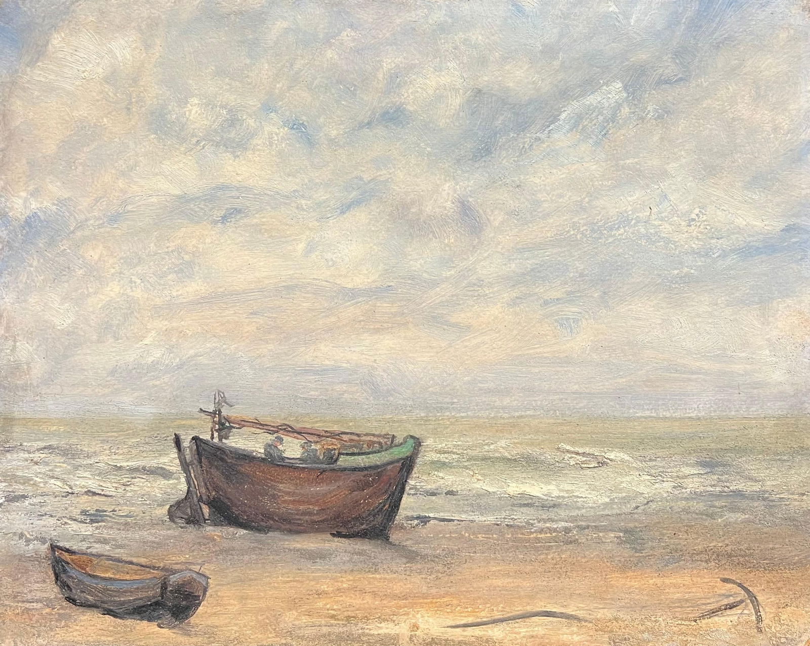 1930's French Impressionist Tranquil Coastal Scene with Weathered Fishing Boats 19th Century: Title: "1930's French Impressionist Tranquil Coastal Scene with Weathered Fishing Boats 19th Century" Description: Tranquil Coastal Scene Simone Forge 1930's French Impressionist oil on board unframed