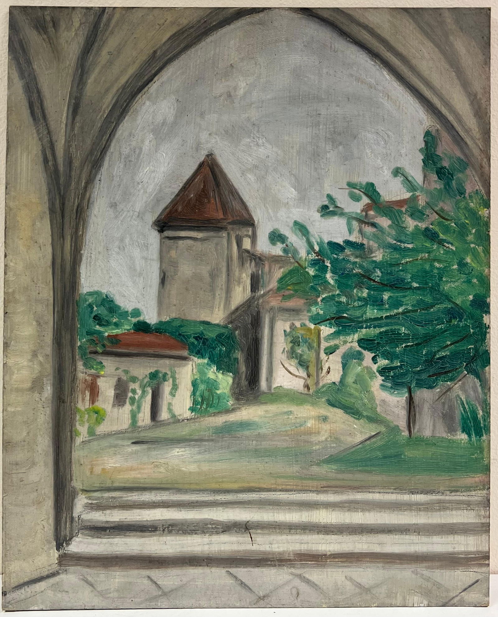 1930's French Impressionist View Through Archway to Tower and Garden 19th Century - 11