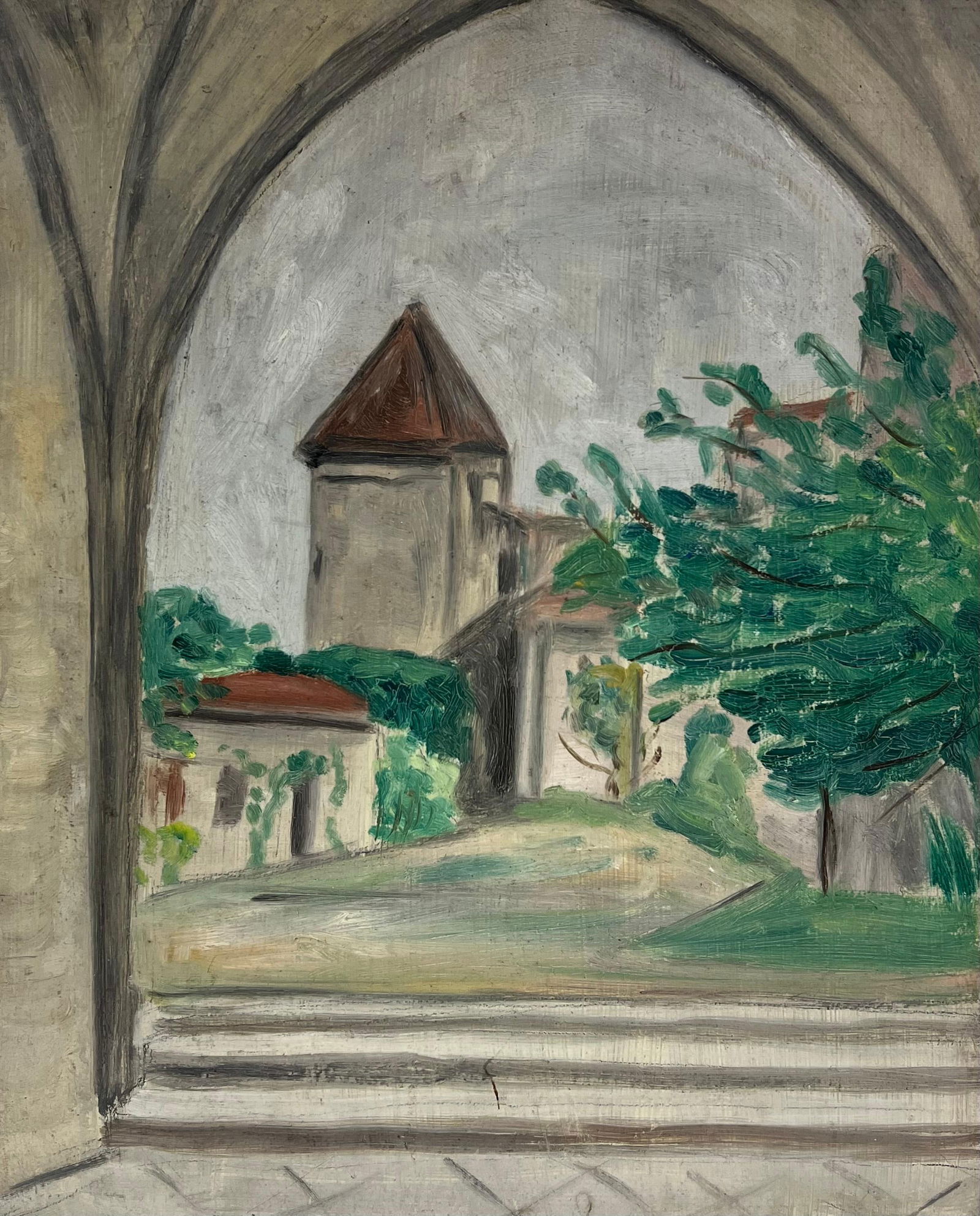 1930's French Impressionist View Through Archway to Tower and Garden 19th Century: Title: "1930's French Impressionist View Through Archway to Tower and Garden 19th Century" Description: View Through Archway to Tower and Garden Simone Forge 1930's French Impressionist oil on board u