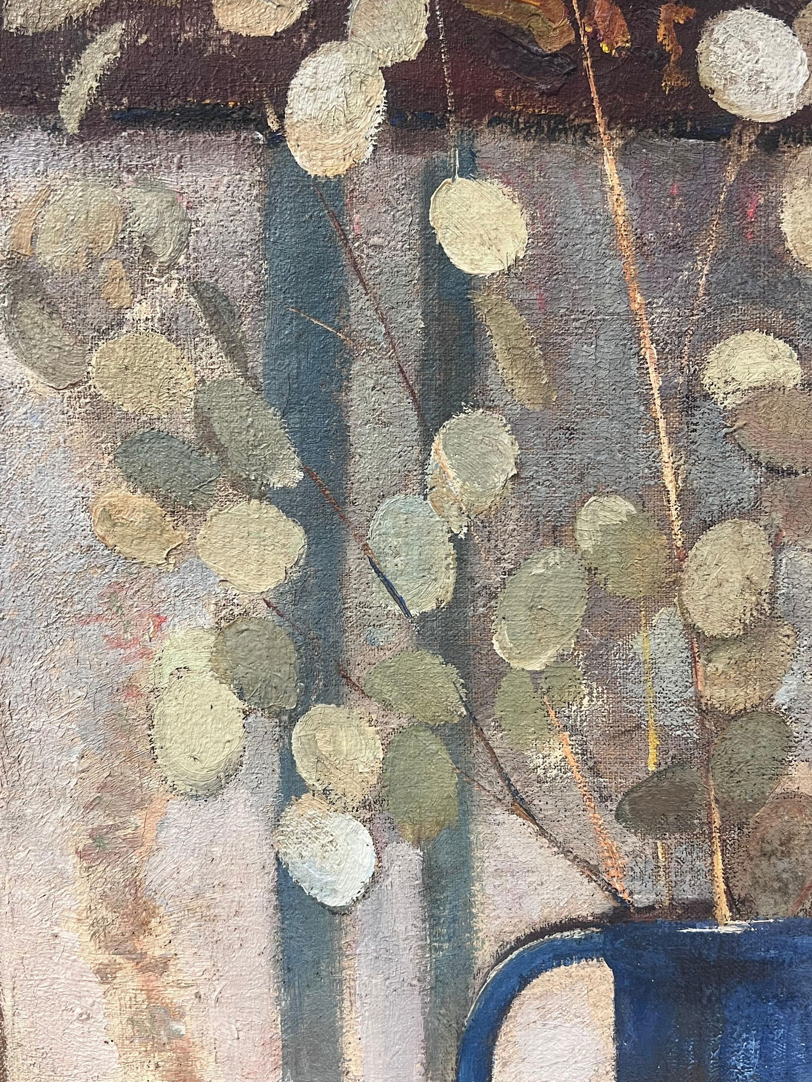 1930's French Modernist Oil Painting Lunaria Honesty Plants Still Life Blue Jug 1930's - 6