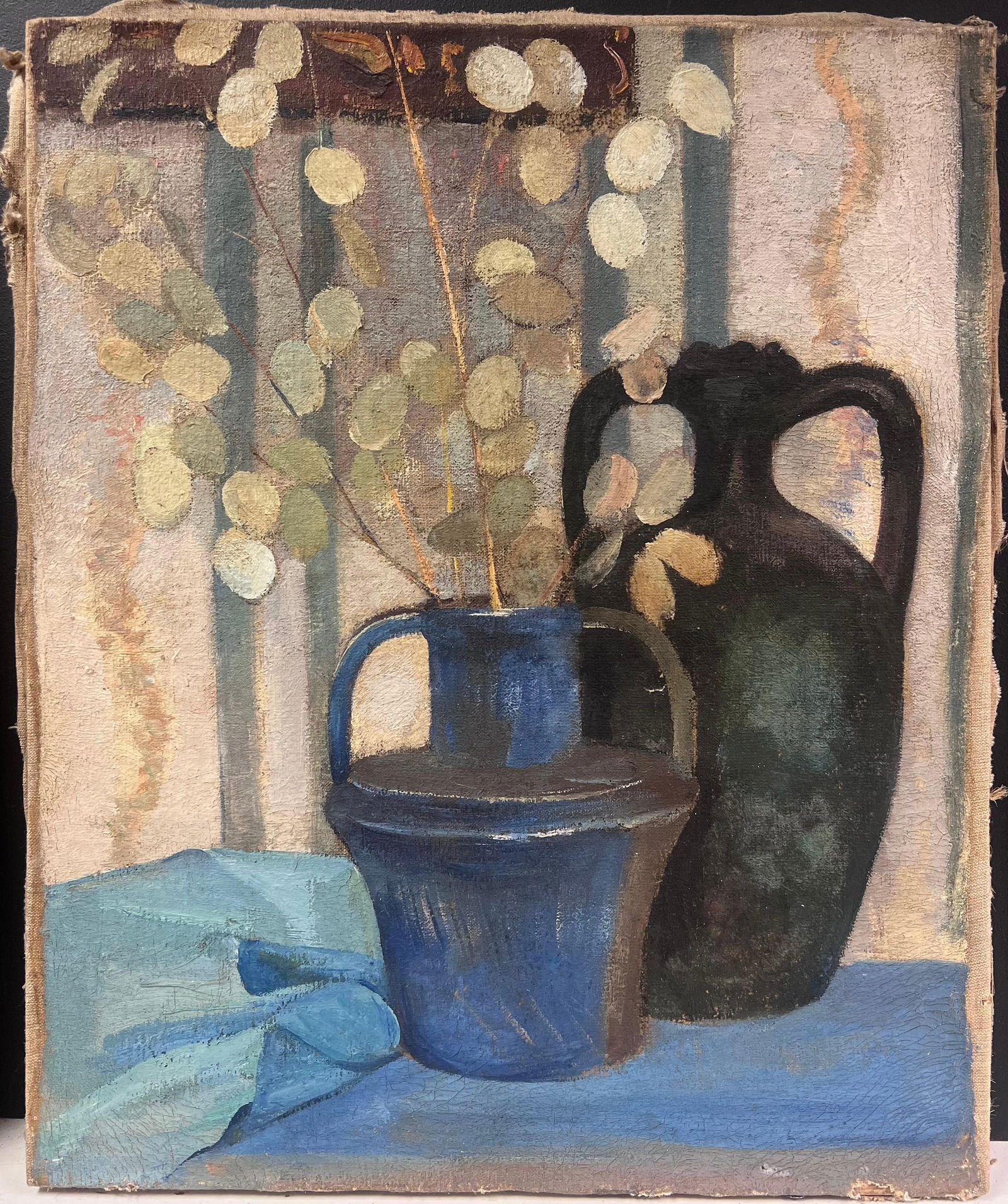 1930's French Modernist Oil Painting Lunaria Honesty Plants Still Life Blue Jug 1930's - 12