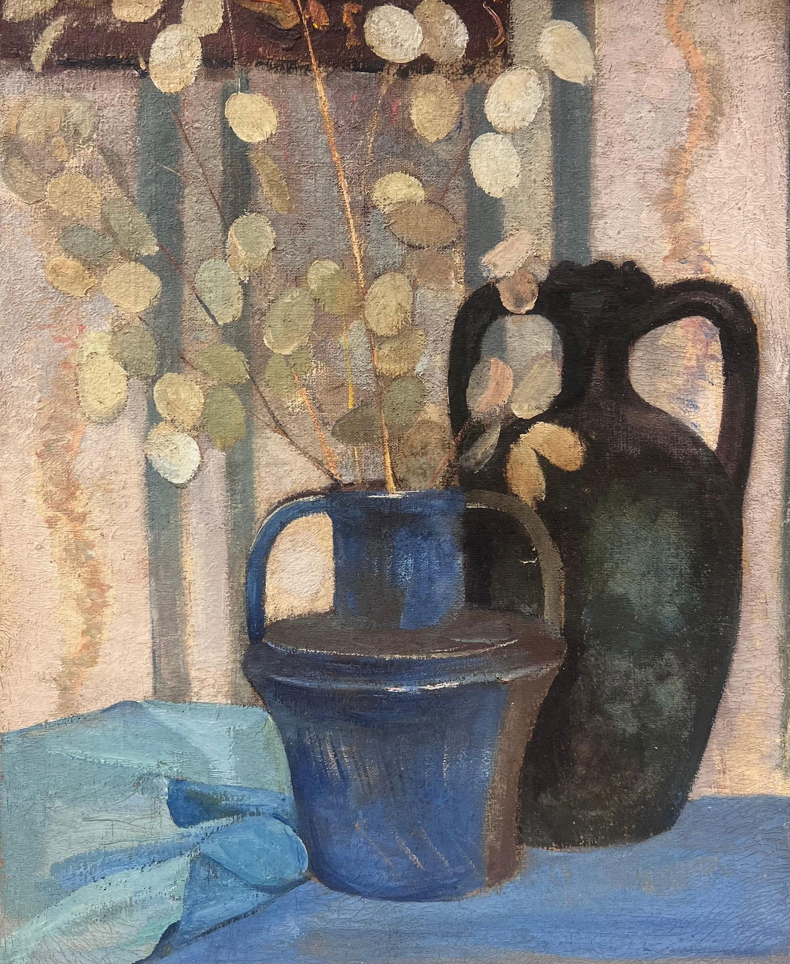 1930's French Modernist Oil Painting Lunaria Honesty Plants Still Life Blue Jug 1930's (1 of 13)