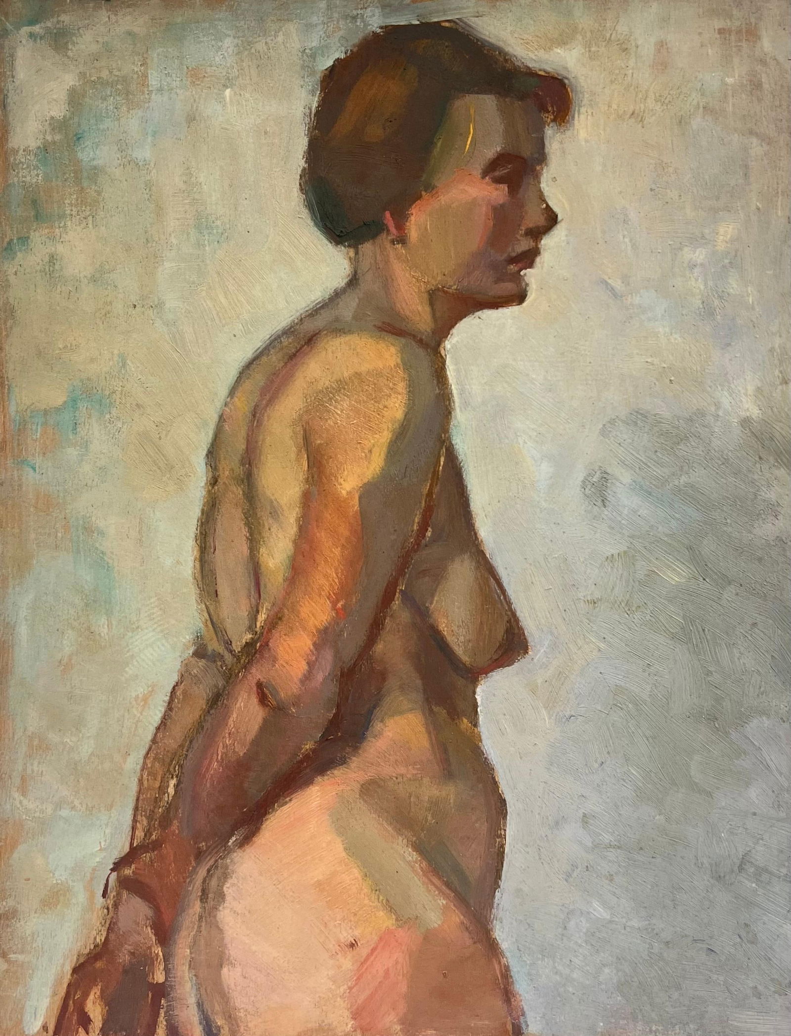 1930's French Oil Painting Portrait of Standing Figure Lady Double Sided Image 1930's: Title: "1930's French Oil Painting Portrait of Standing Figure Lady Double Sided Image 1930's" Description: The Artists Model French School, circa 1930's period oil on board, unframed board : 14 x