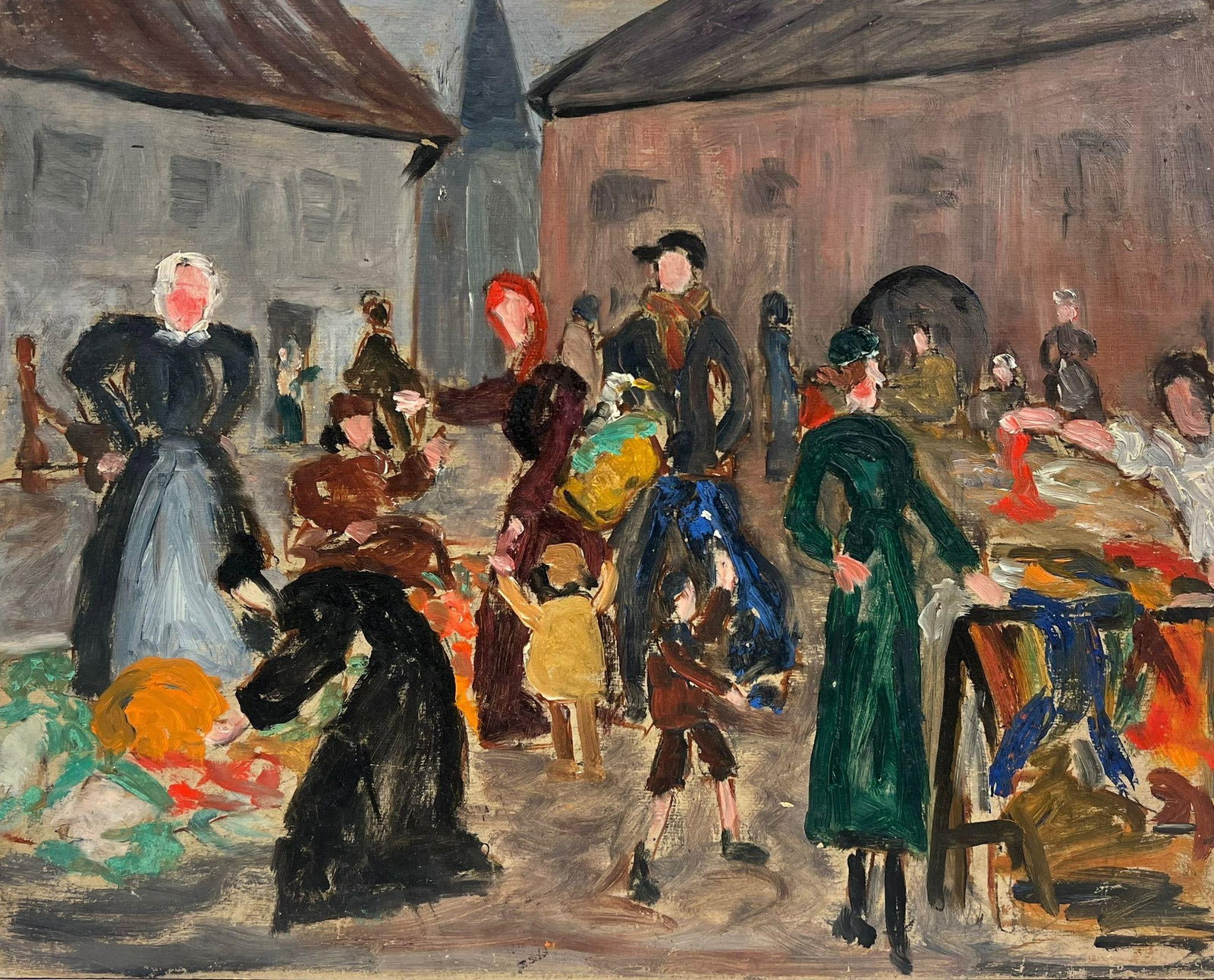 1930's French Post Impressionist Busy French Market Scene Many Figures 1930's - 10