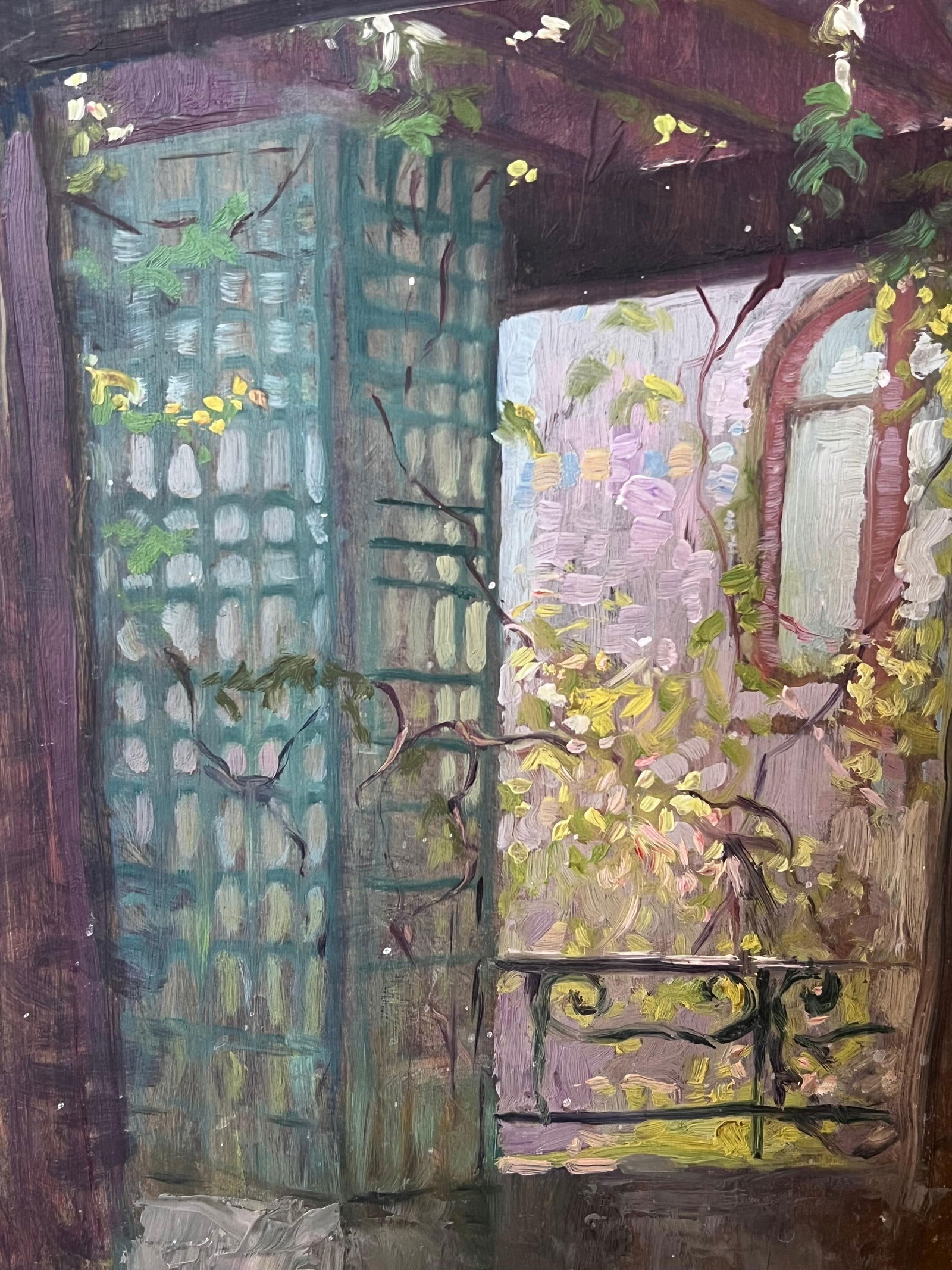 1930's French Post Impressionist Oil Interior Room View from a Garden Window 1930's - 3