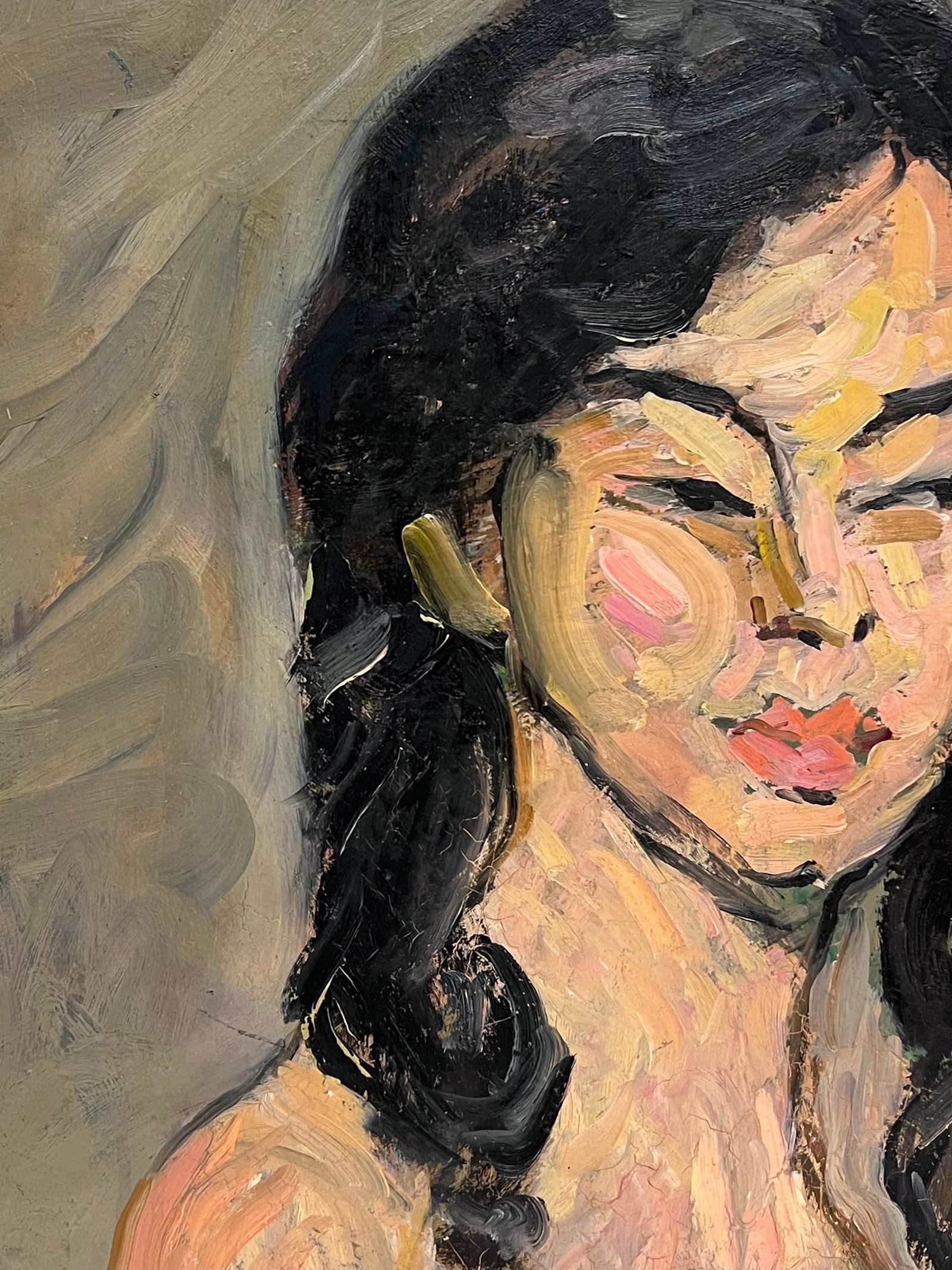 1930's French Post Impressionist Oil Painting Portrait of Figure Woman Long Hair 1930's - 6