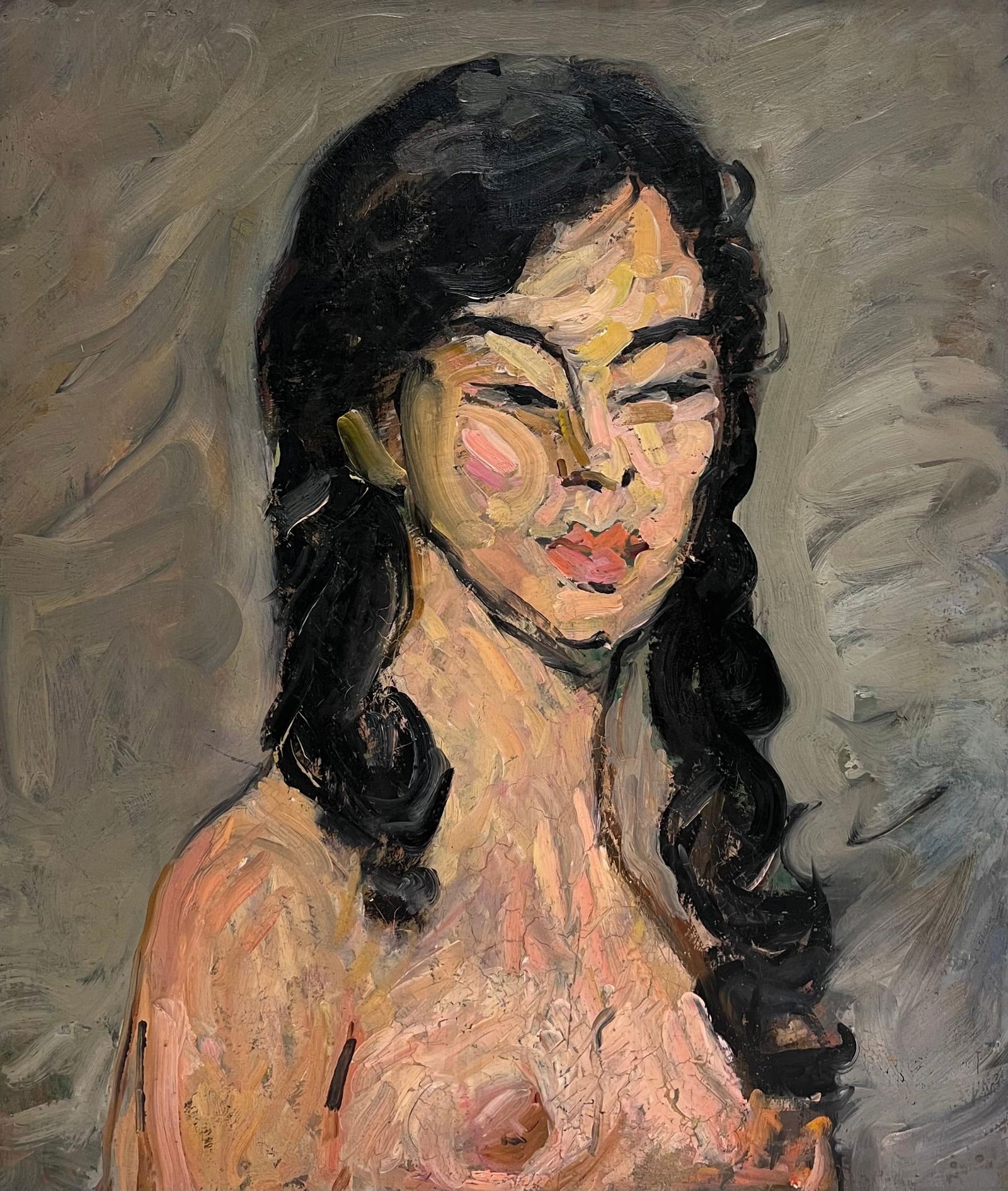1930's French Post Impressionist Oil Painting Portrait of Figure Woman Long Hair 1930's: Title: "1930's French Post Impressionist Oil Painting Portrait of Figure Woman Long Hair 1930's" Description: Portrait of a Figure Woman with Long Black Hair Artist/ School: Suzanne Dinkés (French,