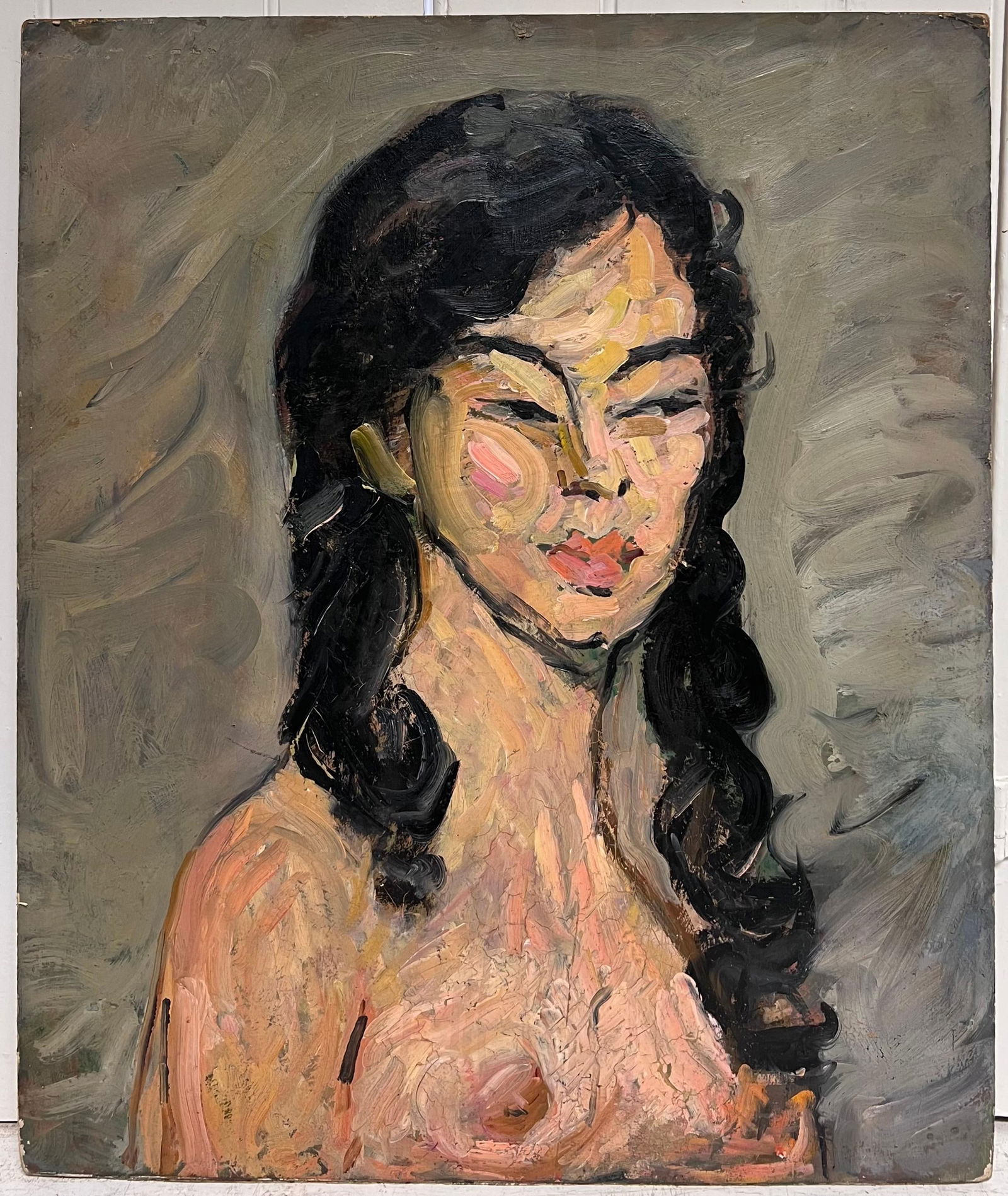 1930's French Post Impressionist Oil Painting Portrait of Figure Woman Long Hair 1930's - 4