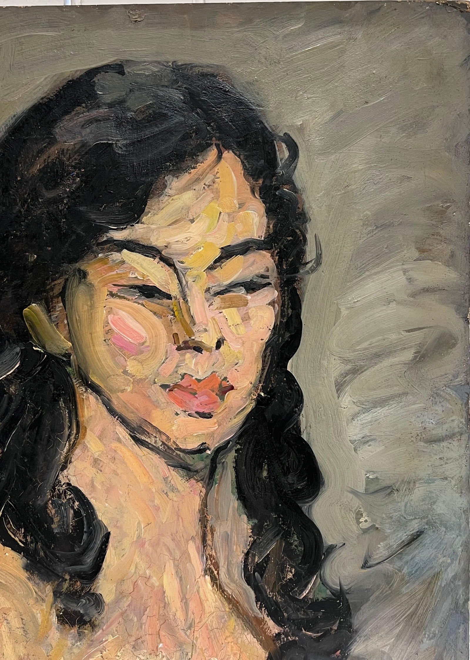 1930's French Post Impressionist Oil Painting Portrait of Figure Woman Long Hair 1930's - 5