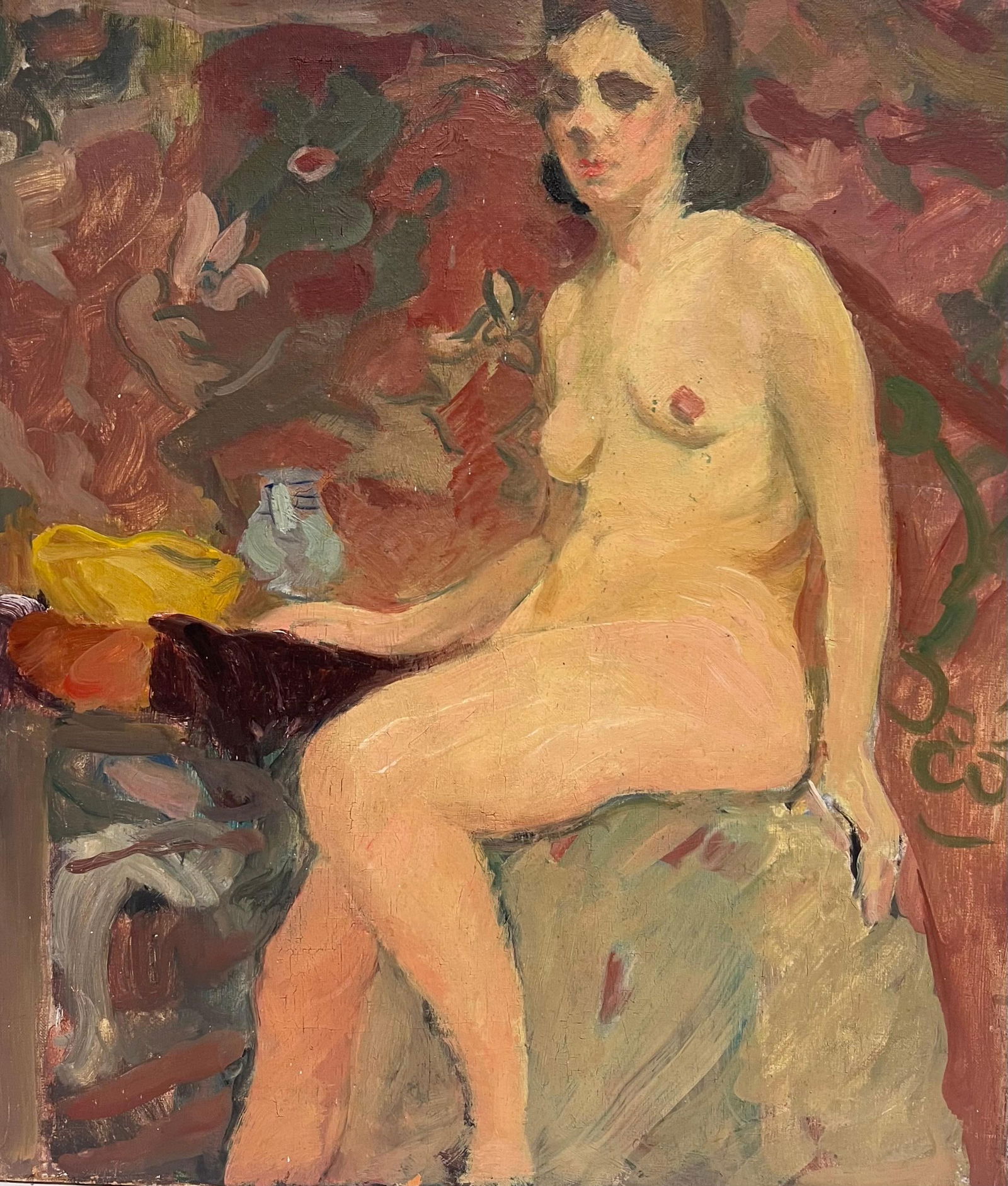 1930's French Post Impressionist Oil Painting Portrait of Seated Figure Lady Model 1930's: Title: "1930's French Post Impressionist Oil Painting Portrait of Seated Figure Lady Model 1930's" Description: The Artists Model, Figure Lady posing for the artist circa 1930's Artist/ School:
