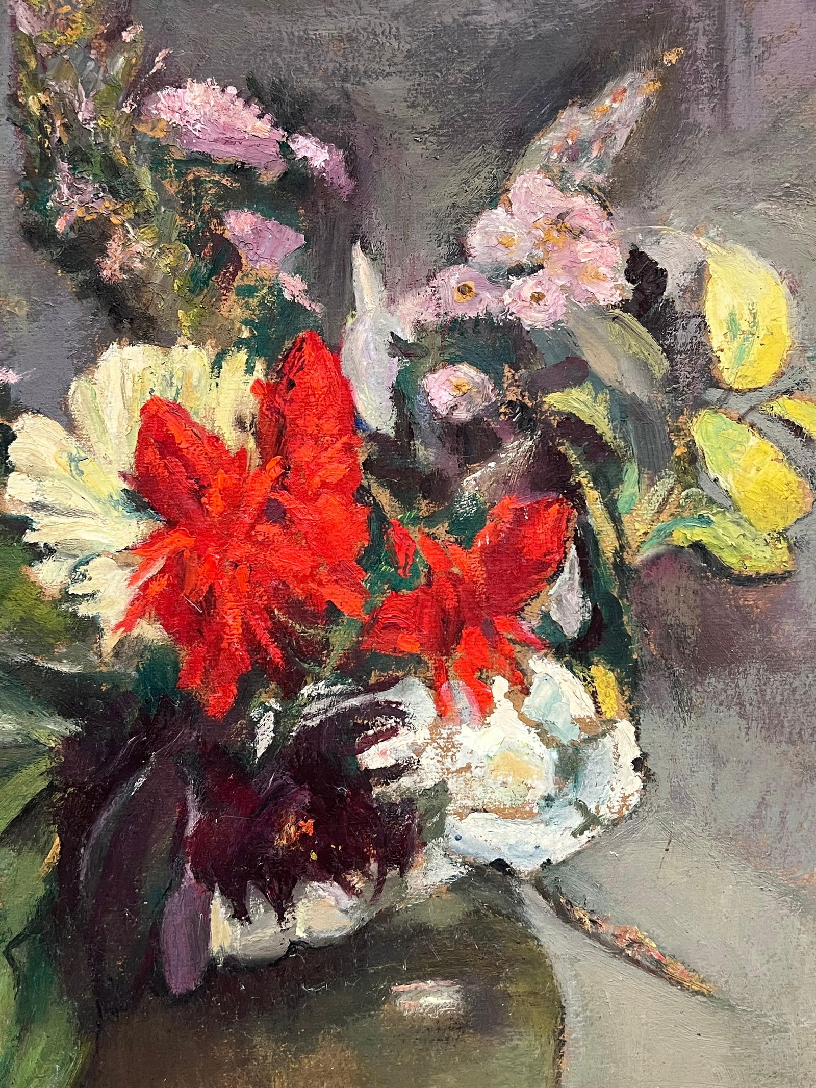 1930's French Post-Impressionist Oil Colorful Still Life Flowers in Vase & Apple 1930's - 9