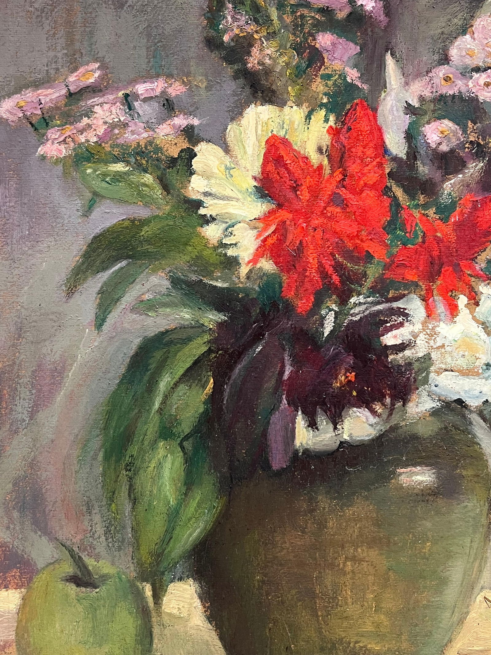 1930's French Post-Impressionist Oil Colorful Still Life Flowers in Vase & Apple 1930's - 11