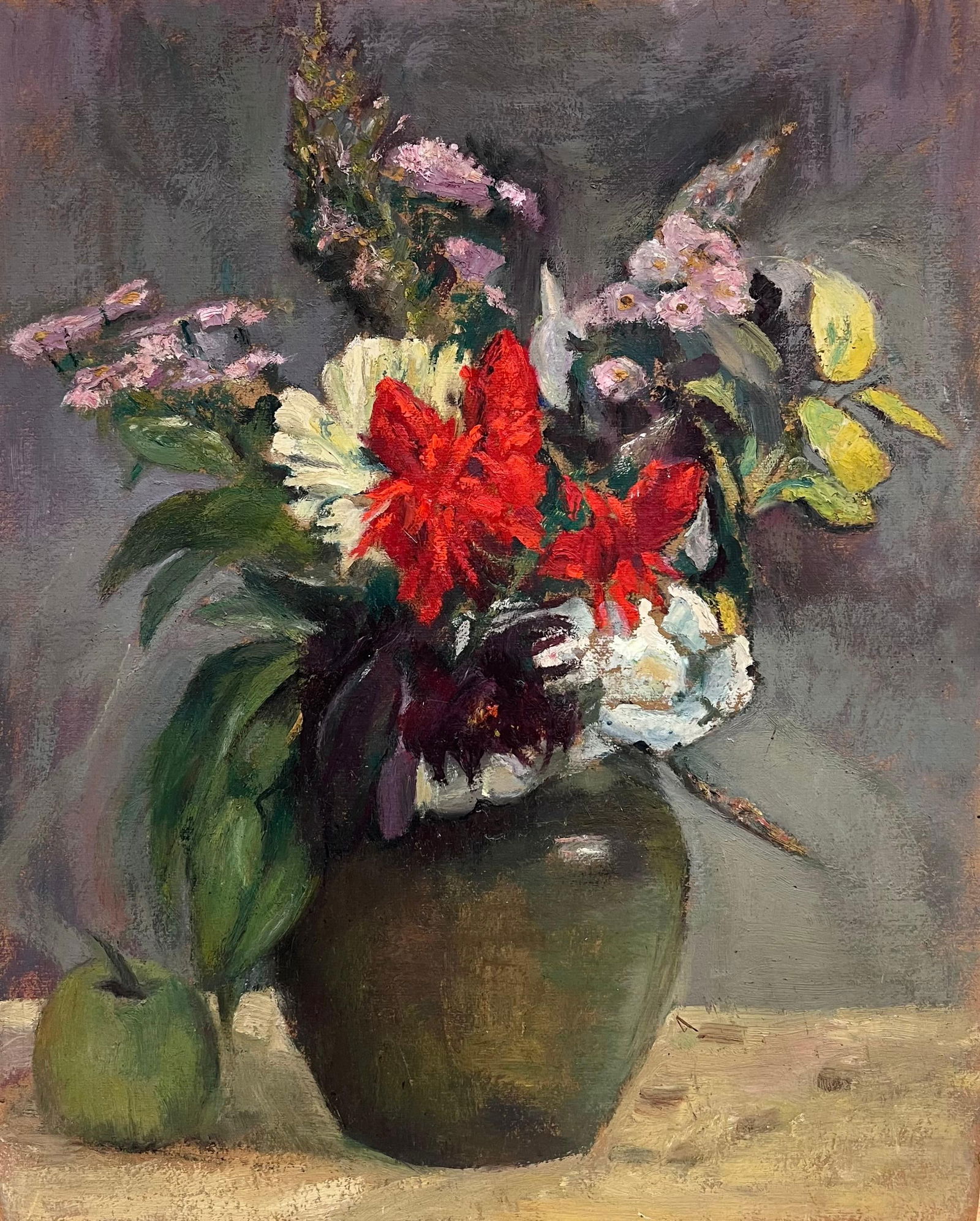 1930's French Post-Impressionist Oil Colorful Still Life Flowers in Vase & Apple 1930's (1 of 13)