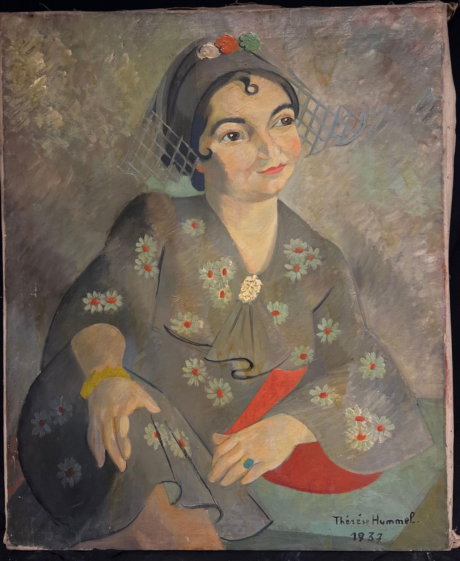 1930's French Post-Impressionist Oil Elegant Portrait of Woman in Floral Attire 1937 - 4