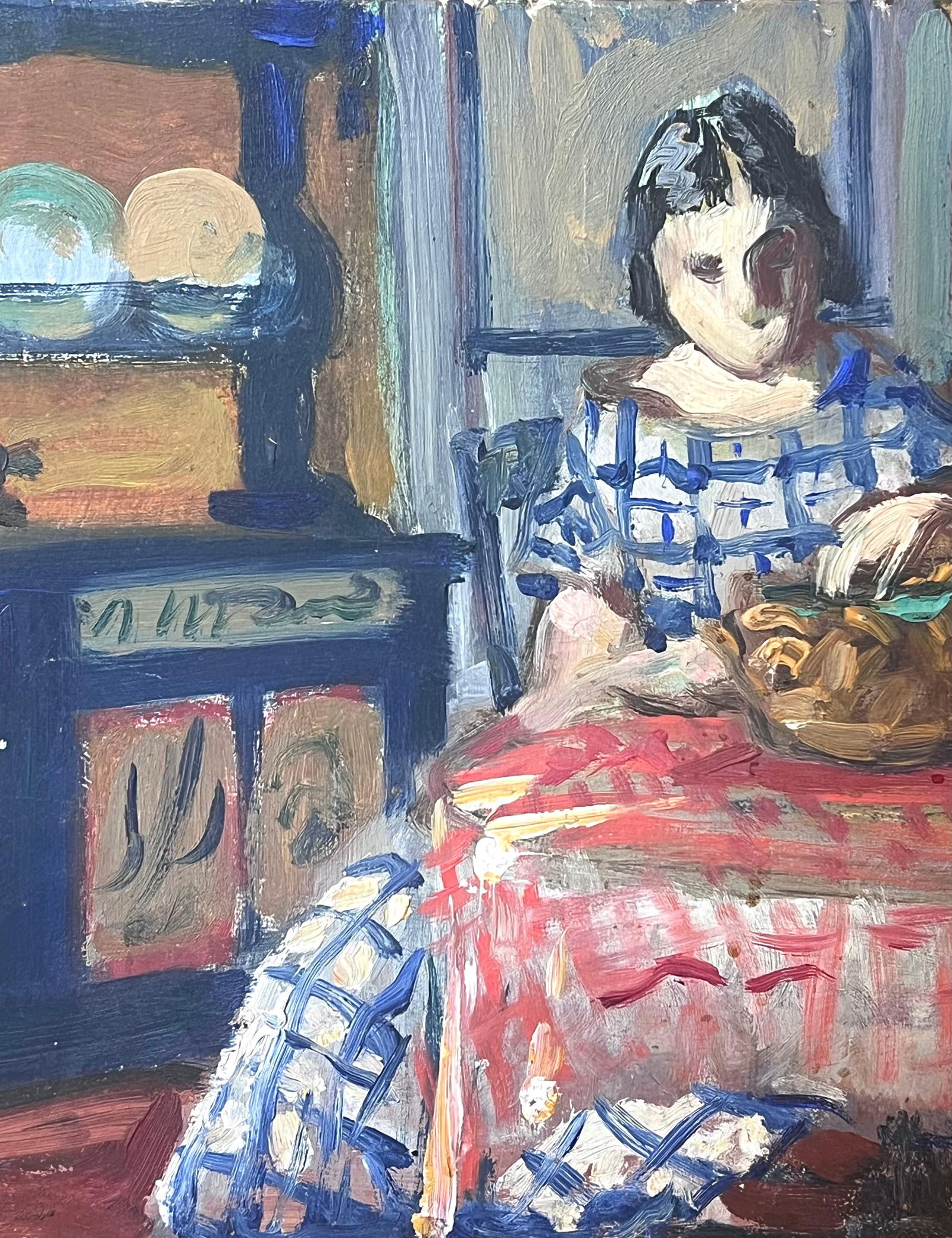 1930's French Post-Impressionist Oil Lady Seated Kitchen Table Interior Dresser 1930's - 4