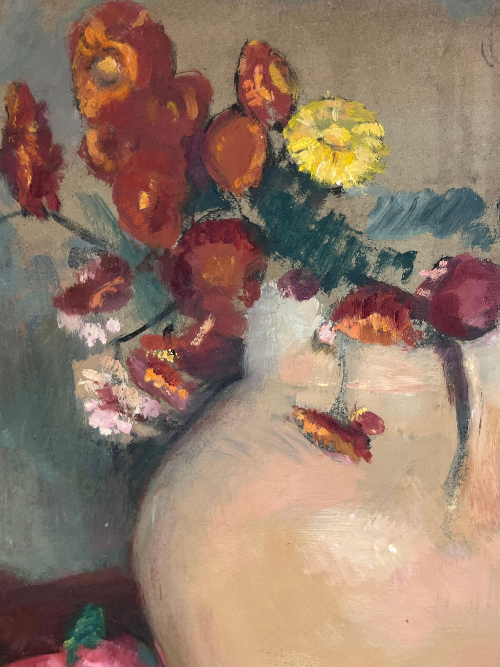 1930's French Post-Impressionist Oil Still Life Flowers in Earthen Vase 1930's - 12