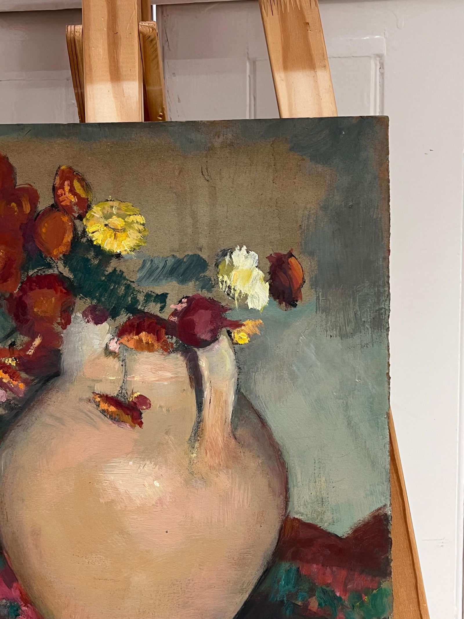1930's French Post-Impressionist Oil Still Life Flowers in Earthen Vase 1930's - 13