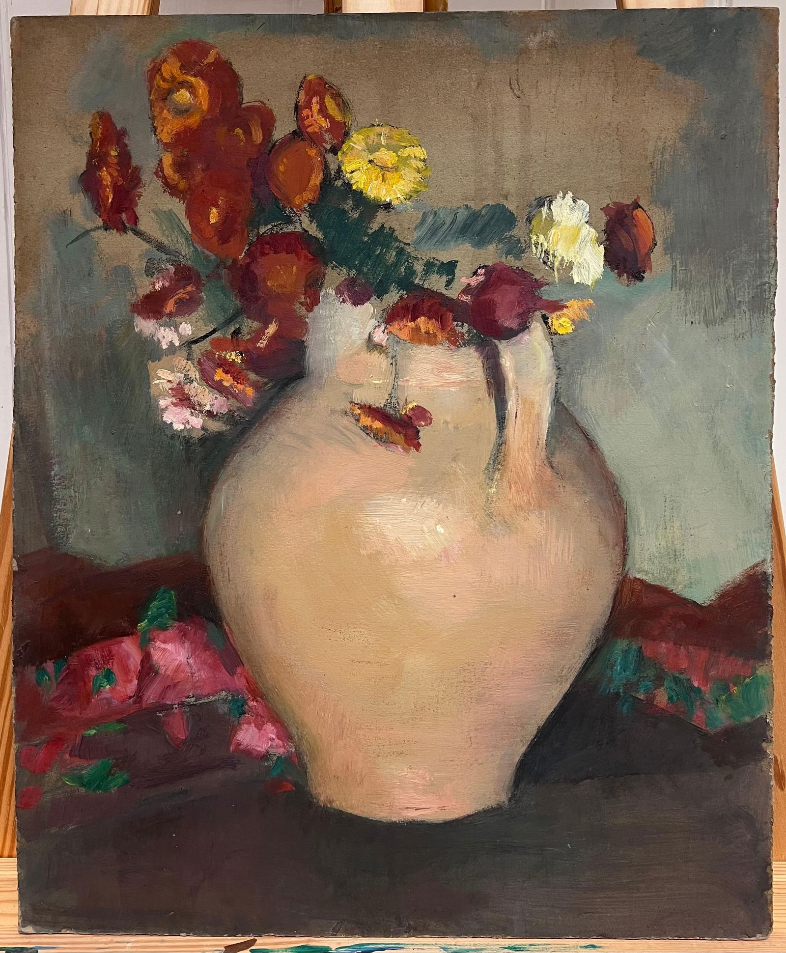 1930's French Post-Impressionist Oil Still Life Flowers in Earthen Vase 1930's - 4